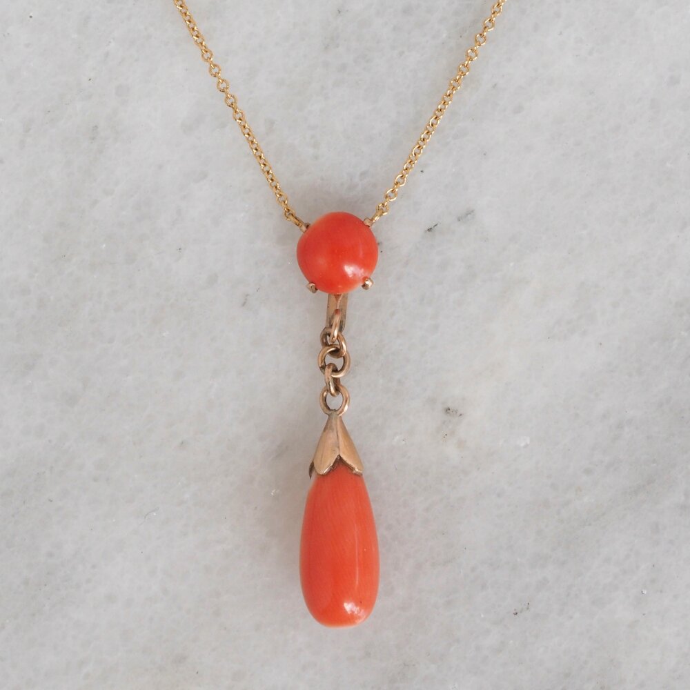 Antique Italian 18k Gold Coral Drop Lavalier Necklace