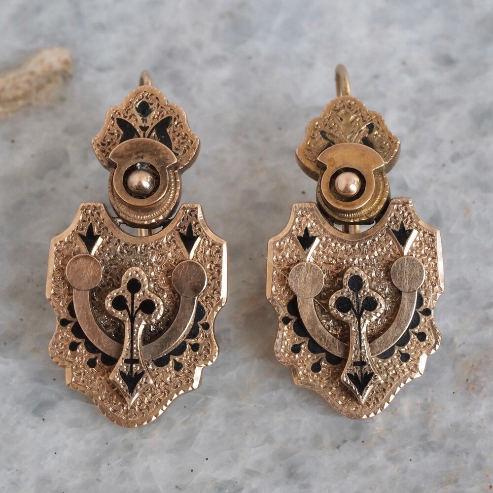 Victorian Gold Earrings, Antique 14k Black Taille DÉpargne Tracery