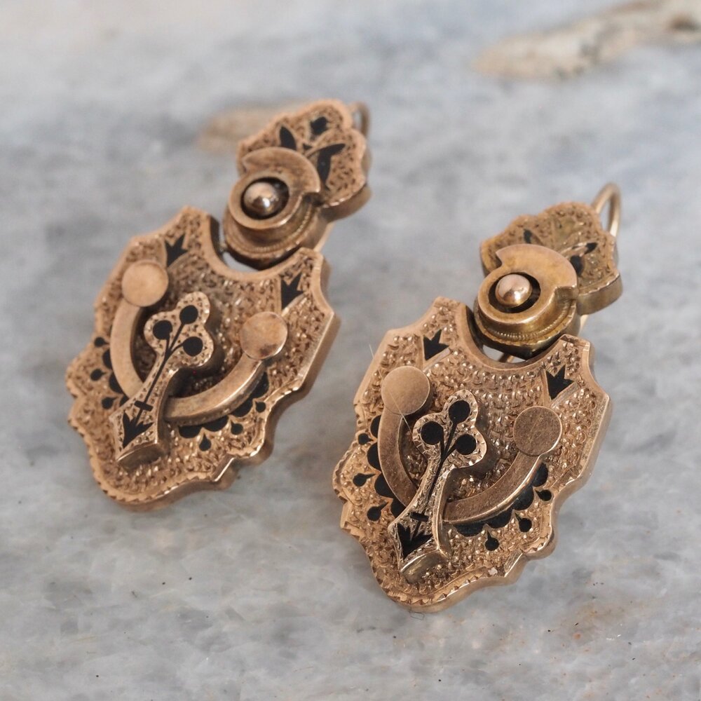 Antique Victorian 14k Gold and Enamel Taille d'Epargne Earrings