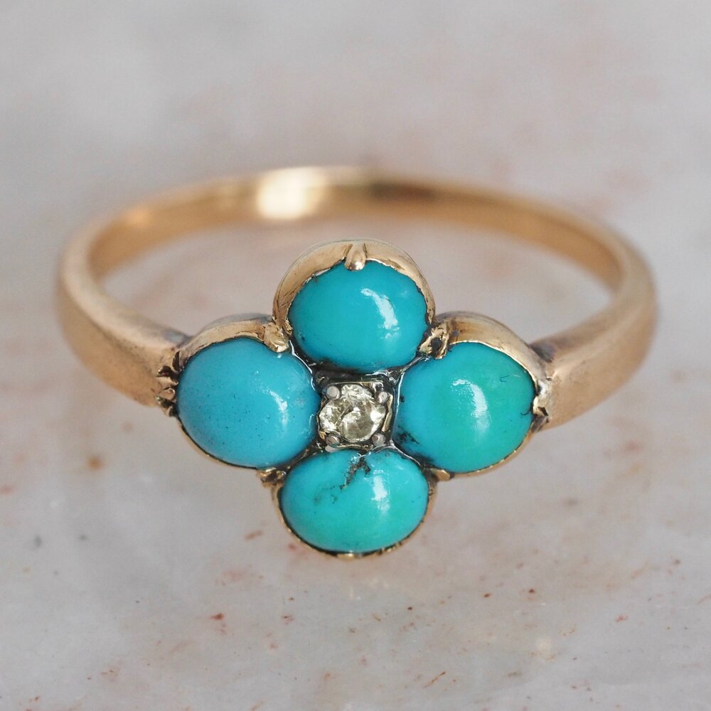 Antique Victorian 18k Gold Turquoise and Old Mine Cut Diamond Ring