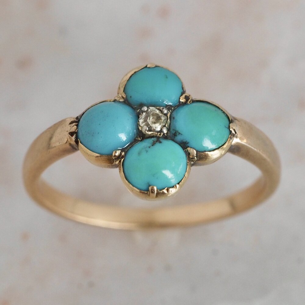 Antique Victorian 18k Gold Turquoise and Old Mine Cut Diamond Ring