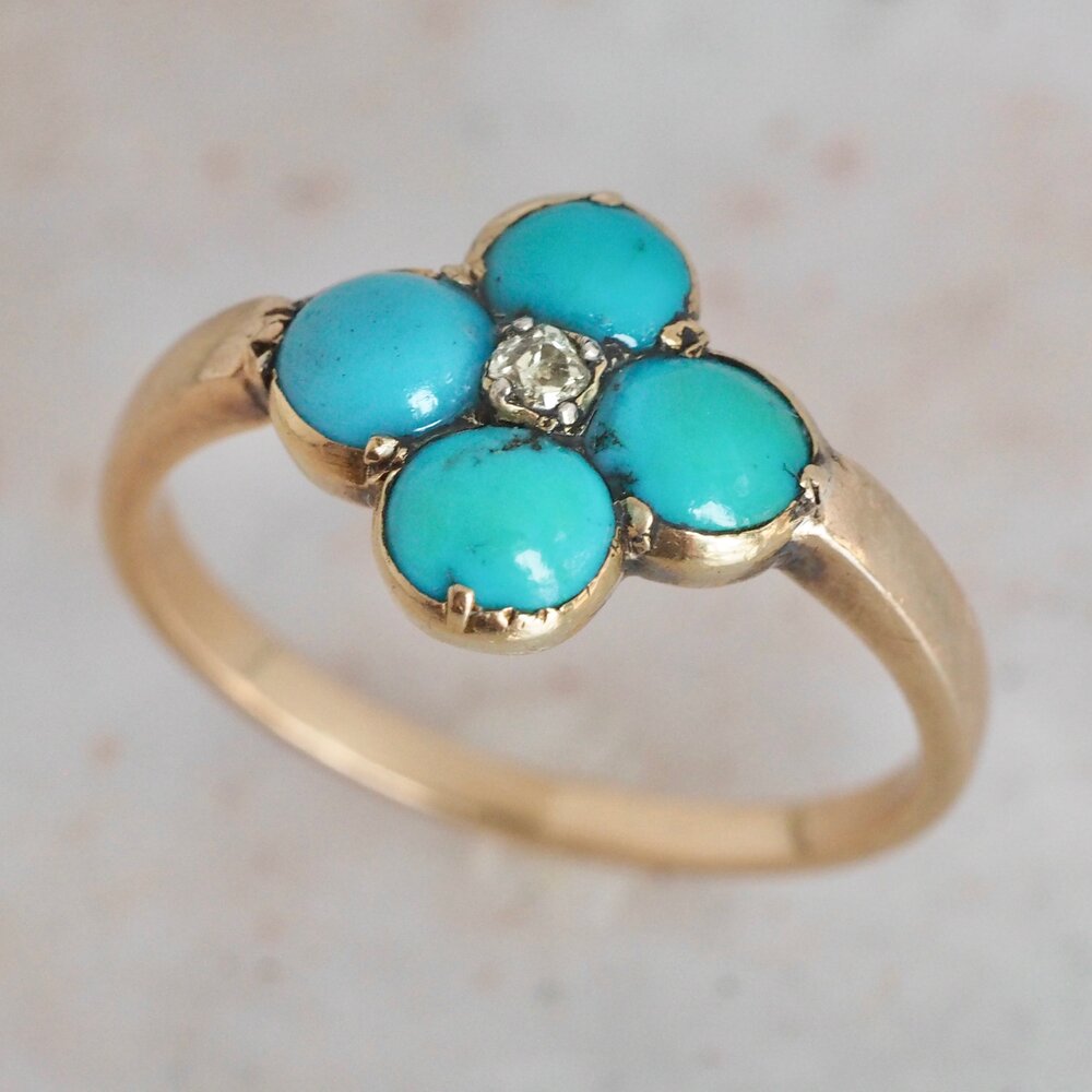 Antique Victorian 18k Gold Turquoise and Old Mine Cut Diamond Ring