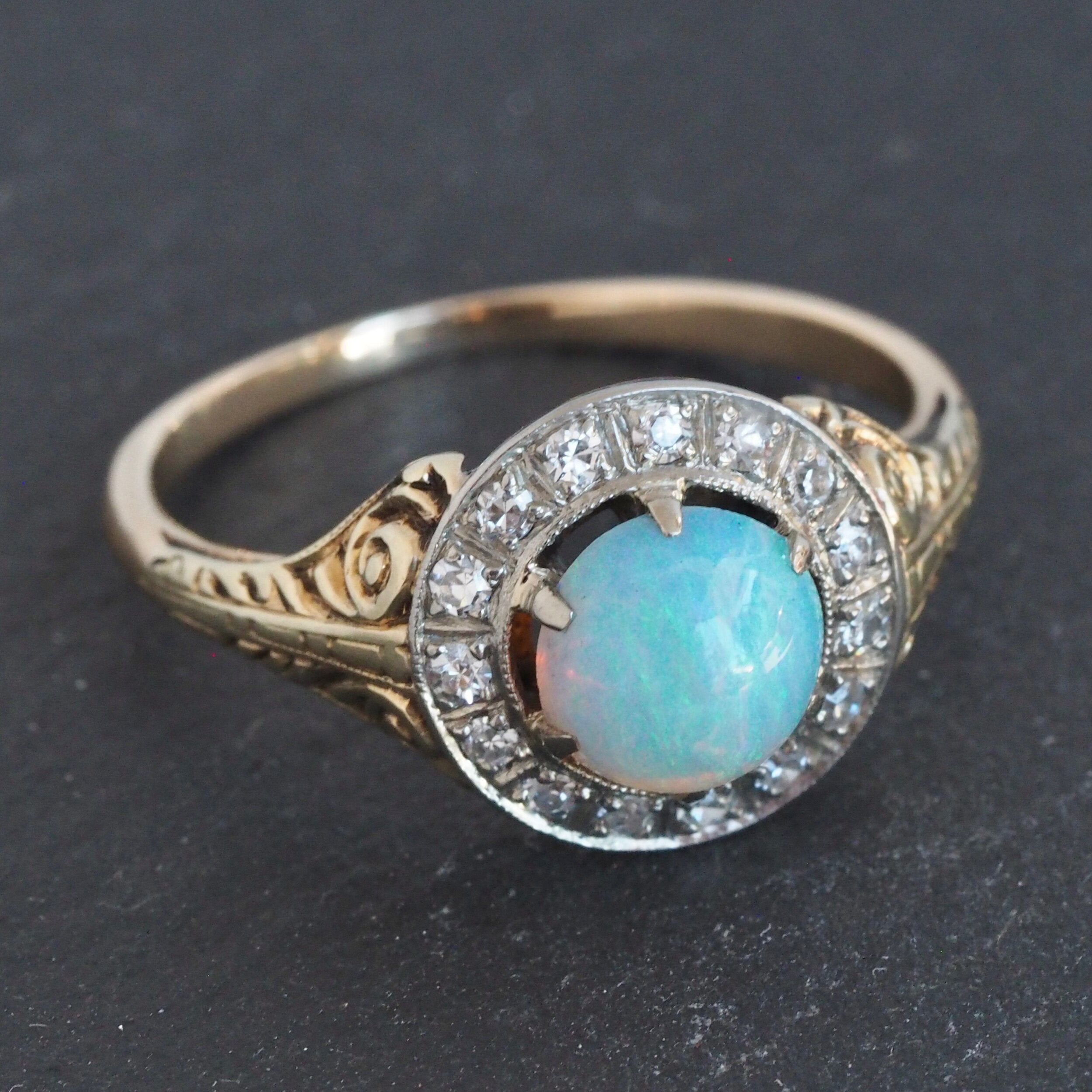 Antique Art Deco 14k Gold Bullseye Opal and Diamond Halo Ring