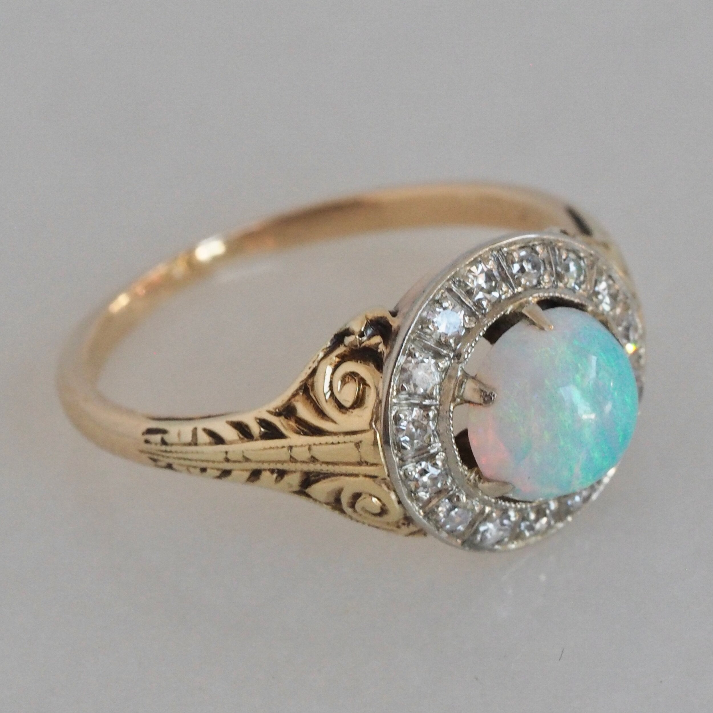 Antique Art Deco 14k Gold Bullseye Opal and Diamond Halo Ring