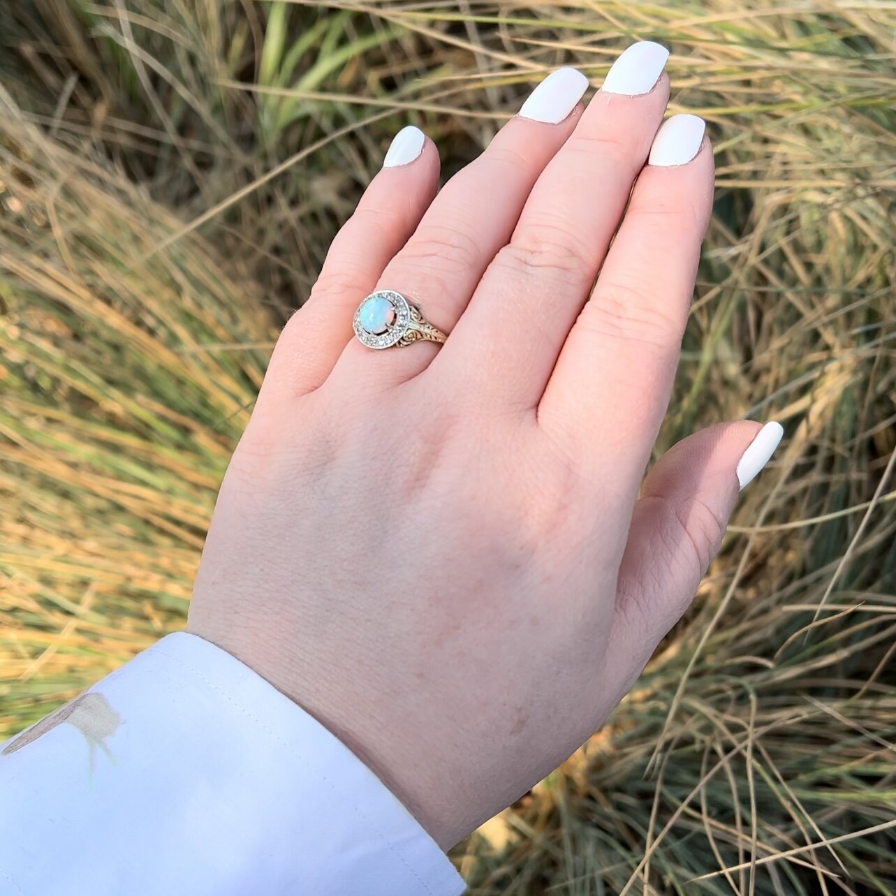 Antique Art Deco 14k Gold Bullseye Opal and Diamond Halo Ring