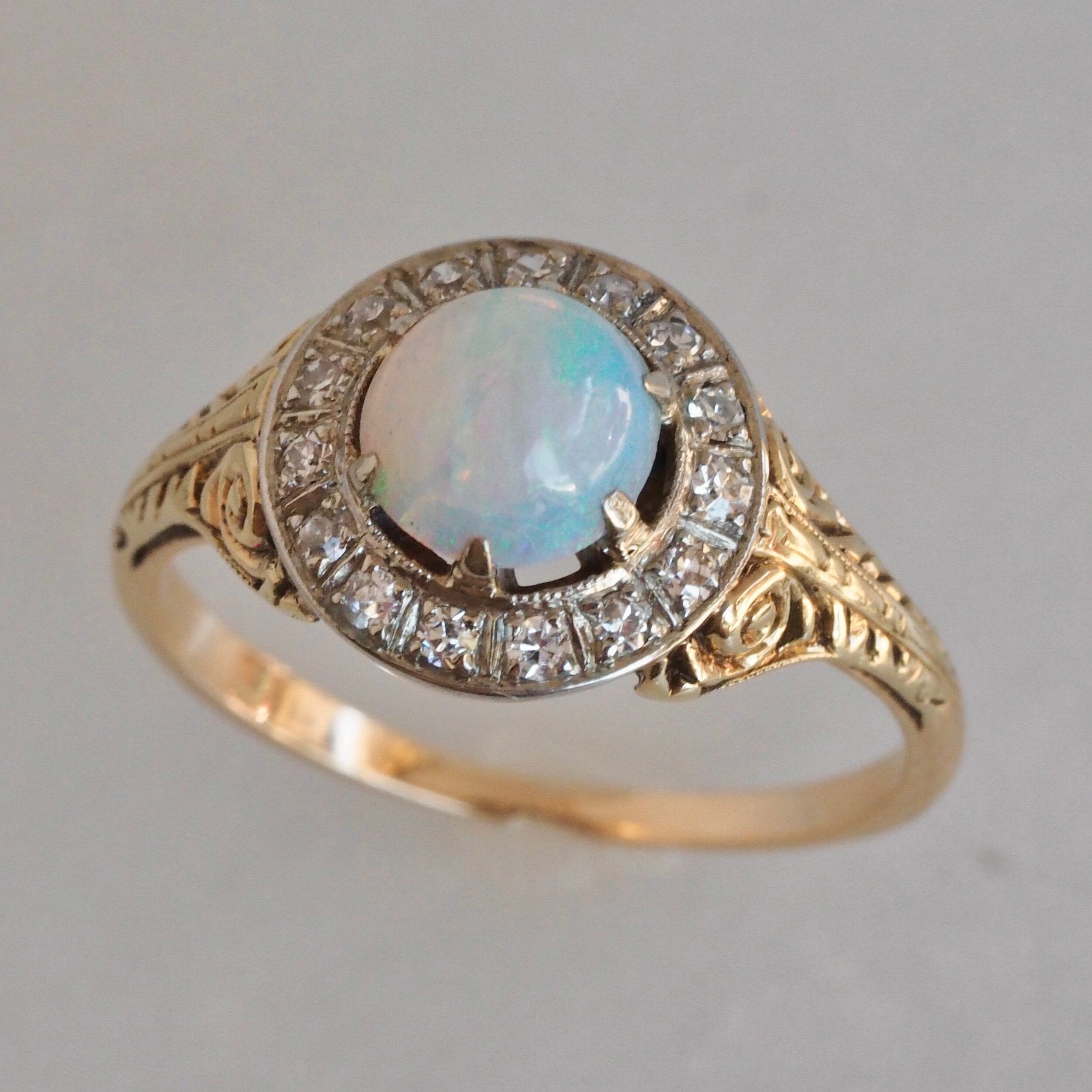 Antique Art Deco 14k Gold Bullseye Opal and Diamond Halo Ring