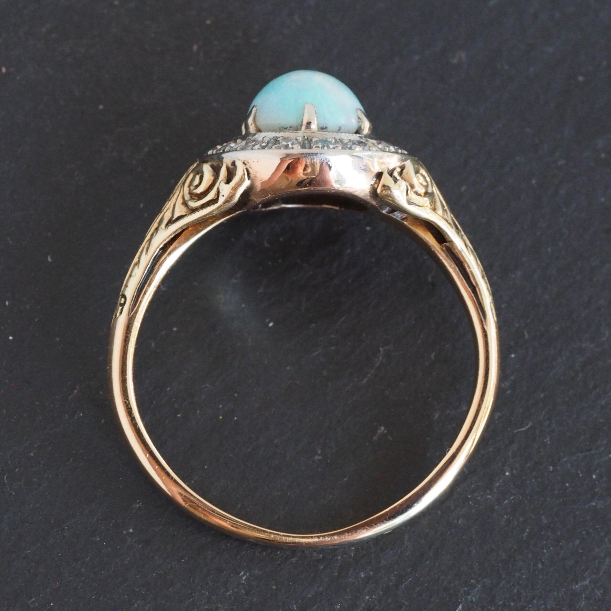 Antique Art Deco 14k Gold Bullseye Opal and Diamond Halo Ring