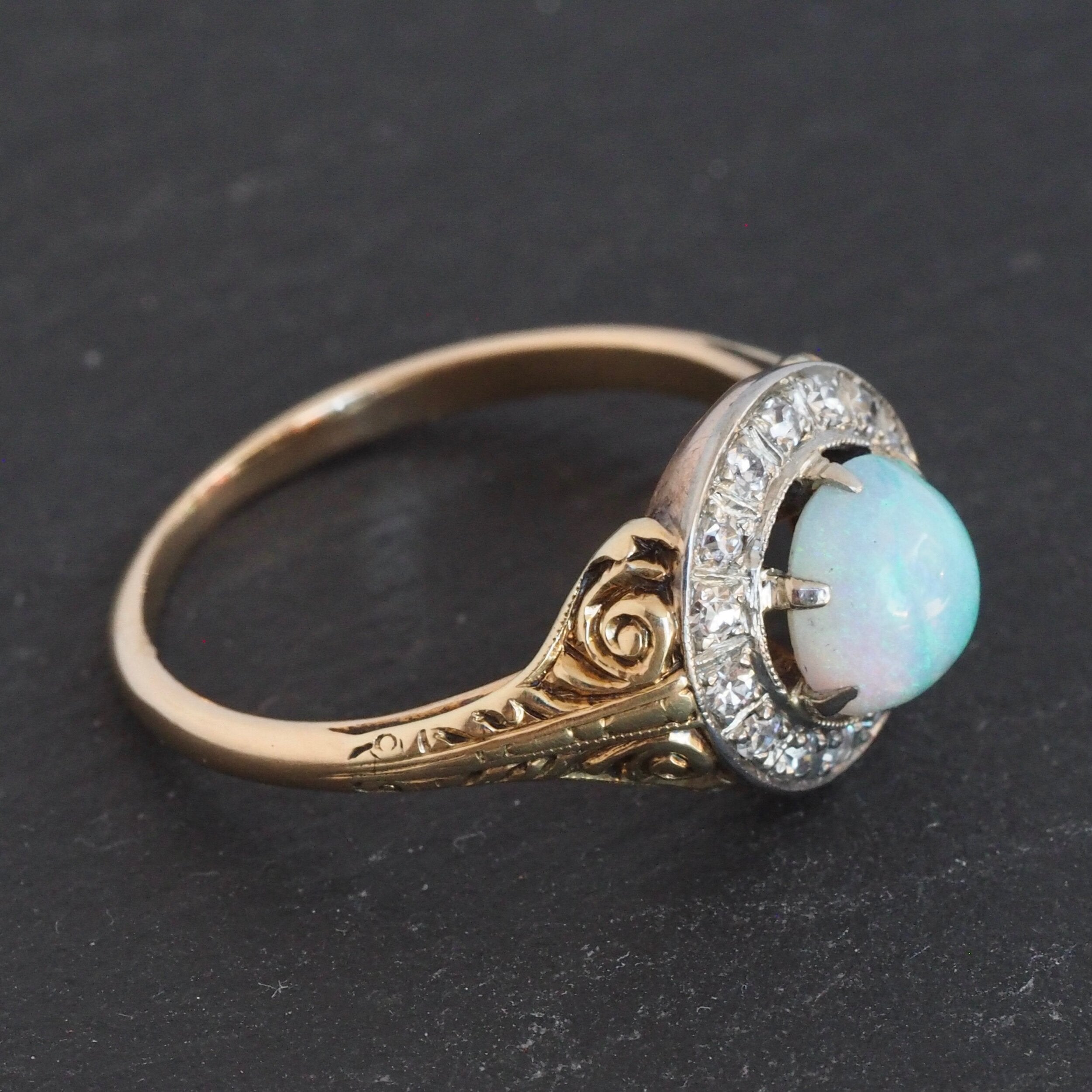 Antique Art Deco 14k Gold Bullseye Opal and Diamond Halo Ring