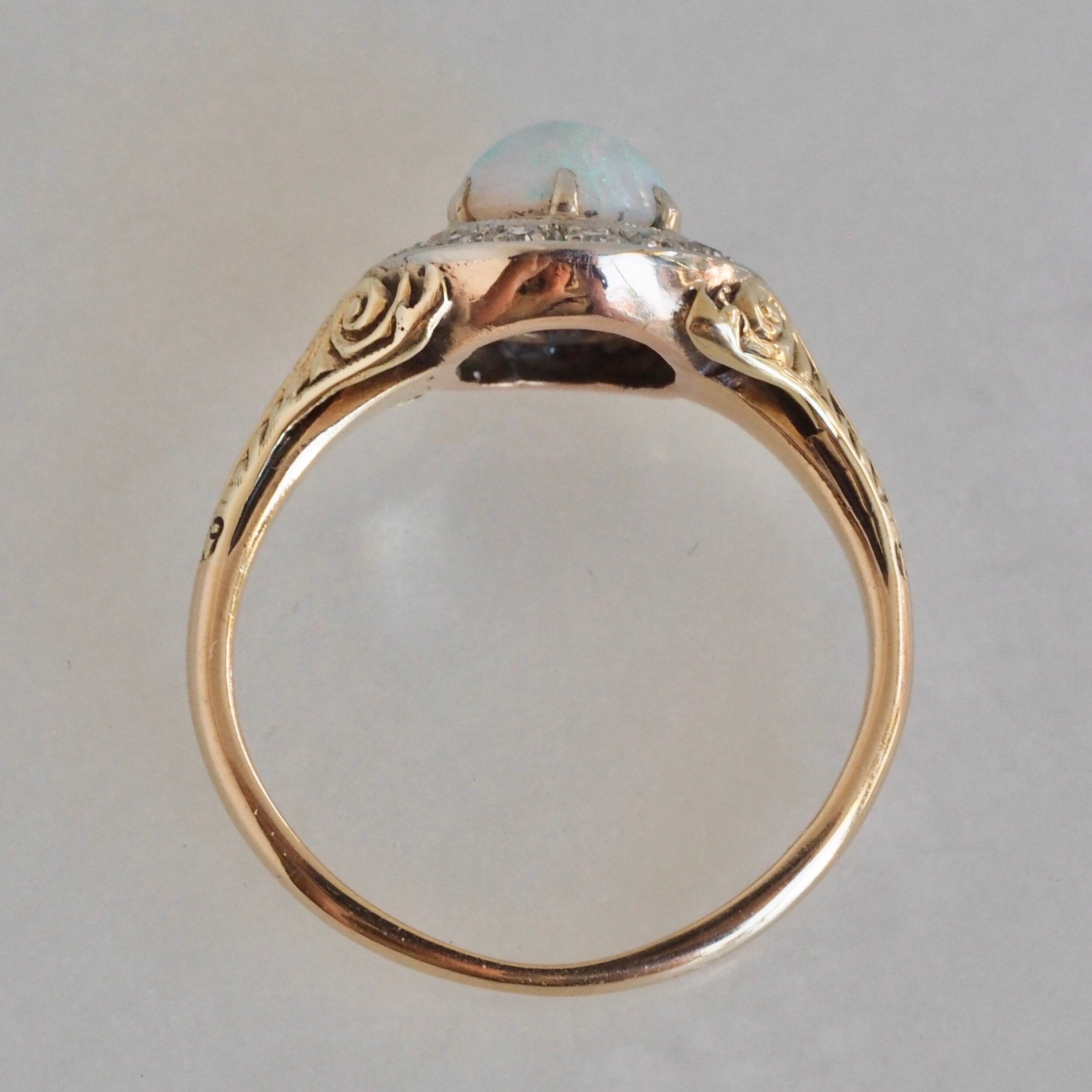 Antique Art Deco 14k Gold Bullseye Opal and Diamond Halo Ring