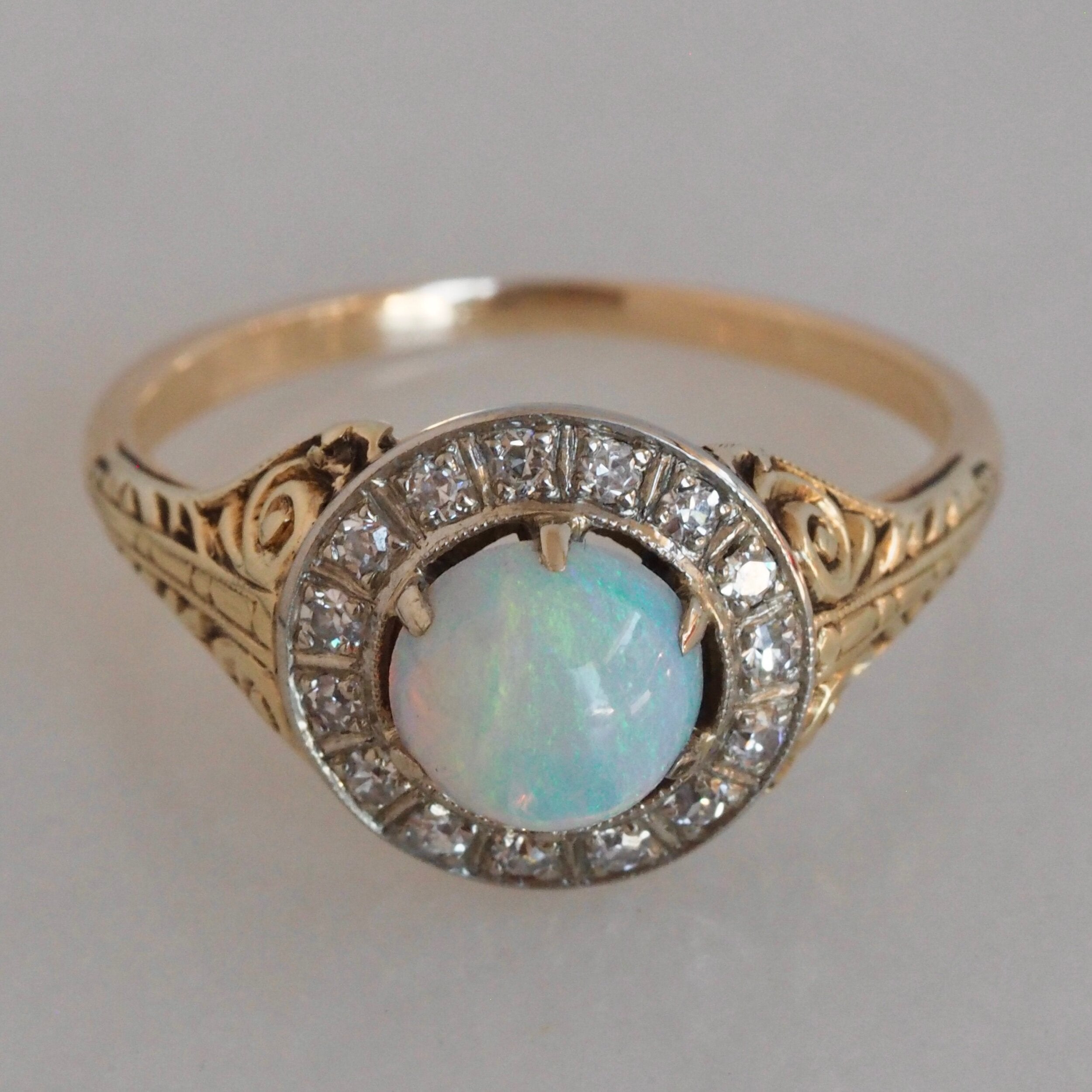 Antique Art Deco 14k Gold Bullseye Opal and Diamond Halo Ring