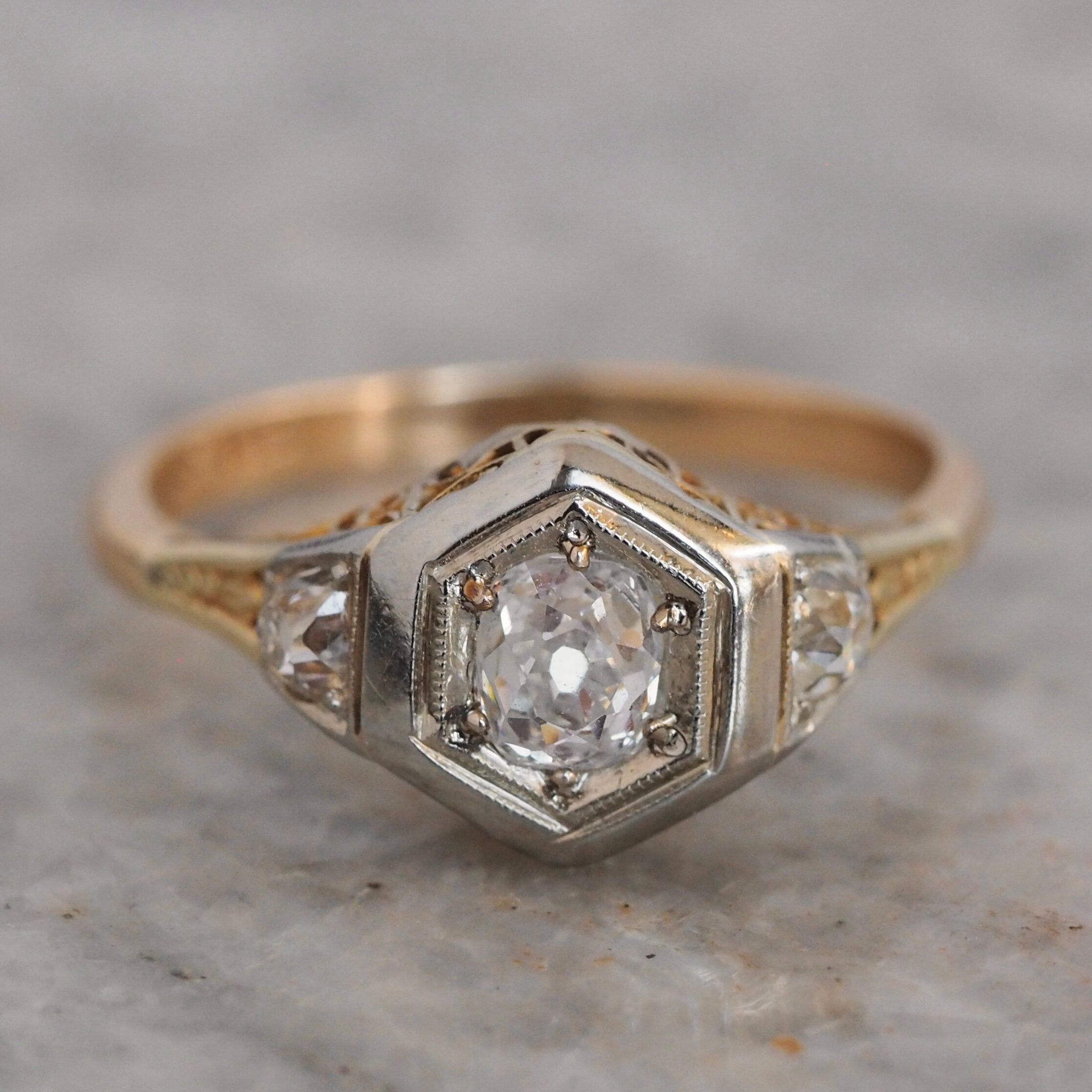 Antique Art Deco 14k Gold Old Mine Cut Diamond Ring