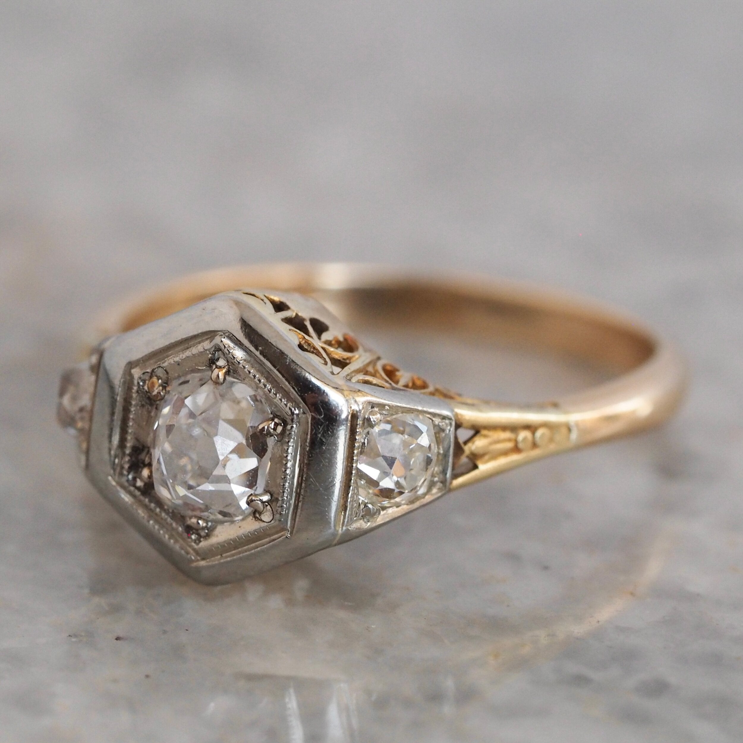 Antique Art Deco 14k Gold Old Mine Cut Diamond Ring