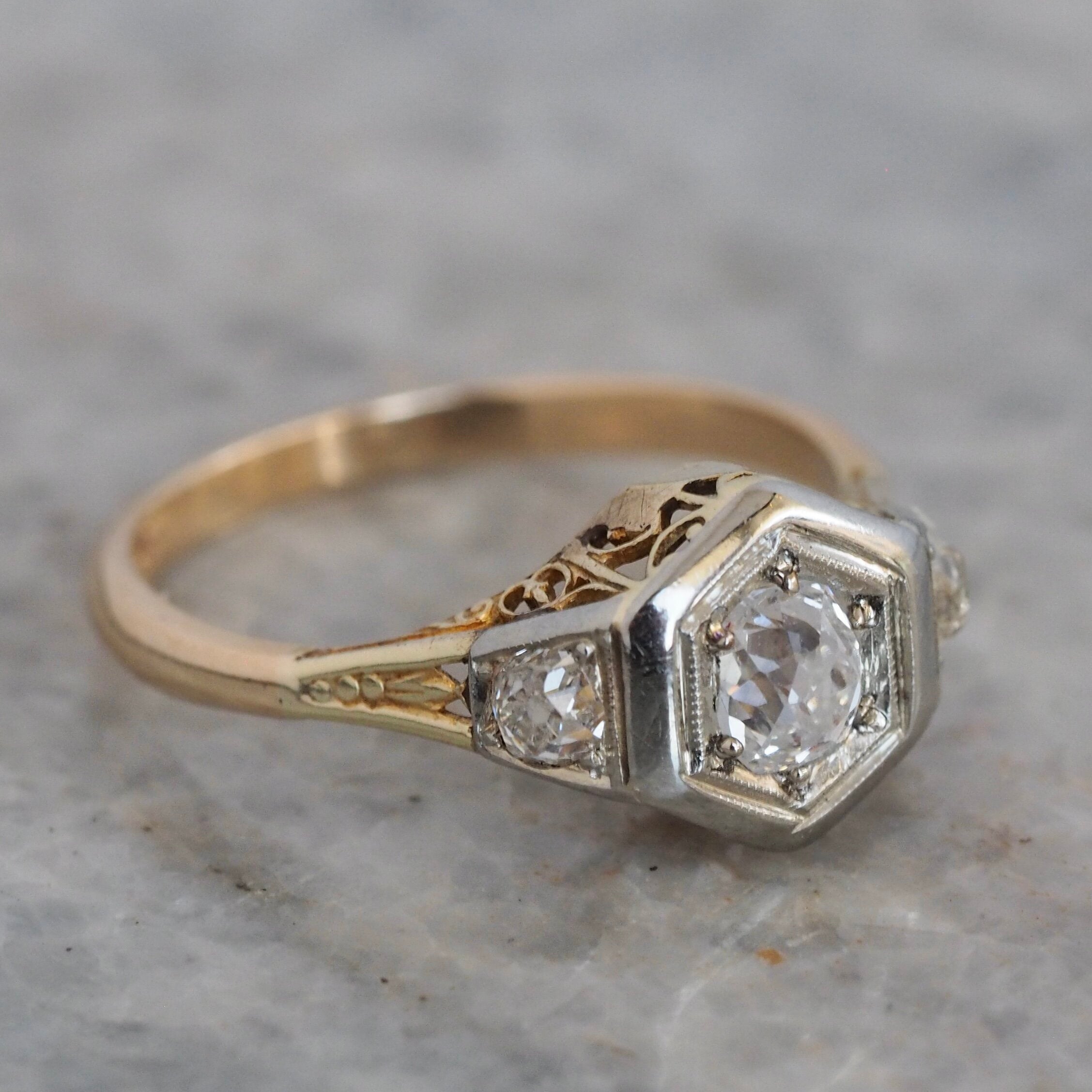 Antique Art Deco 14k Gold Old Mine Cut Diamond Ring