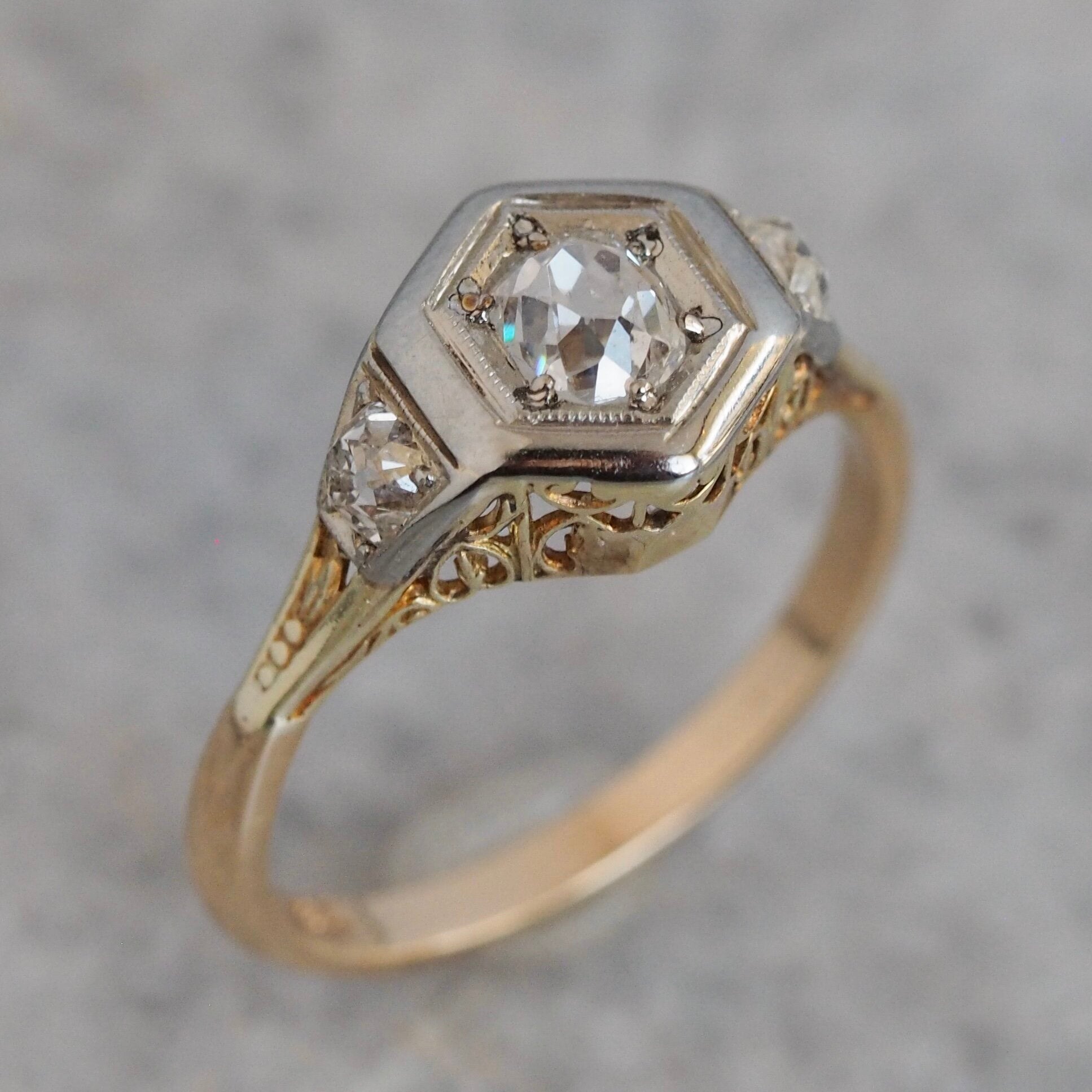 Antique Art Deco 14k Gold Old Mine Cut Diamond Ring
