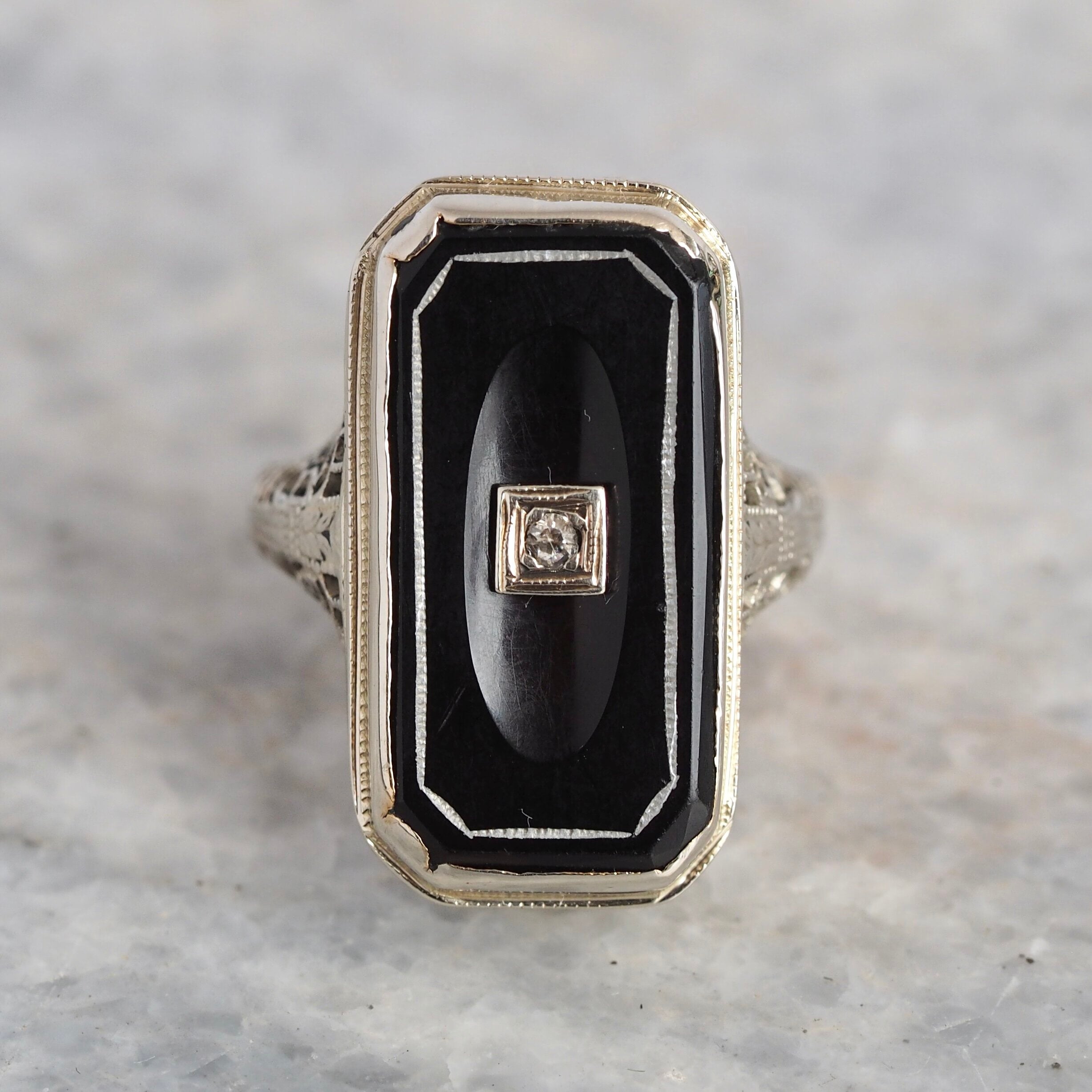 Antique Art Deco 14k White Gold Onyx and Diamond Ring
