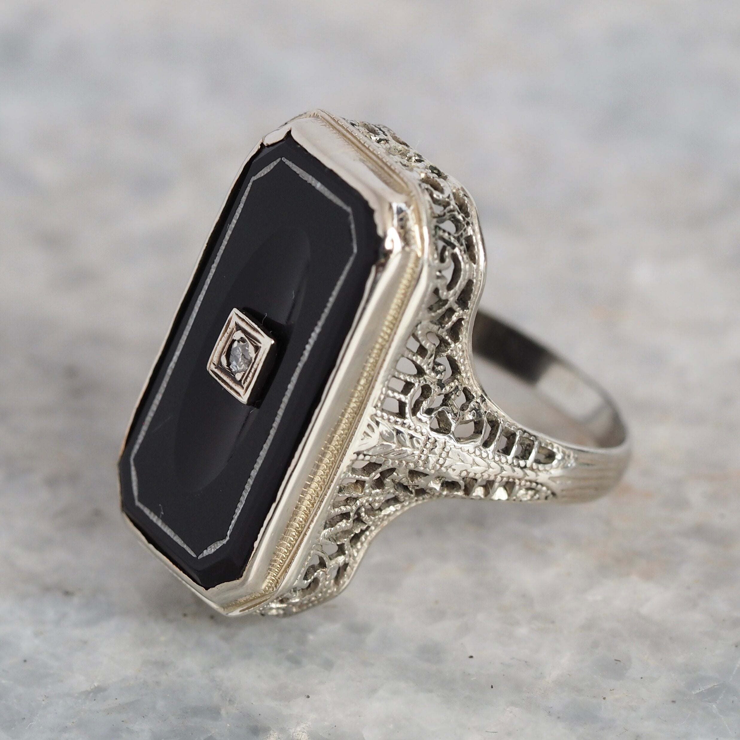 Antique Art Deco 14k White Gold Onyx and Diamond Ring