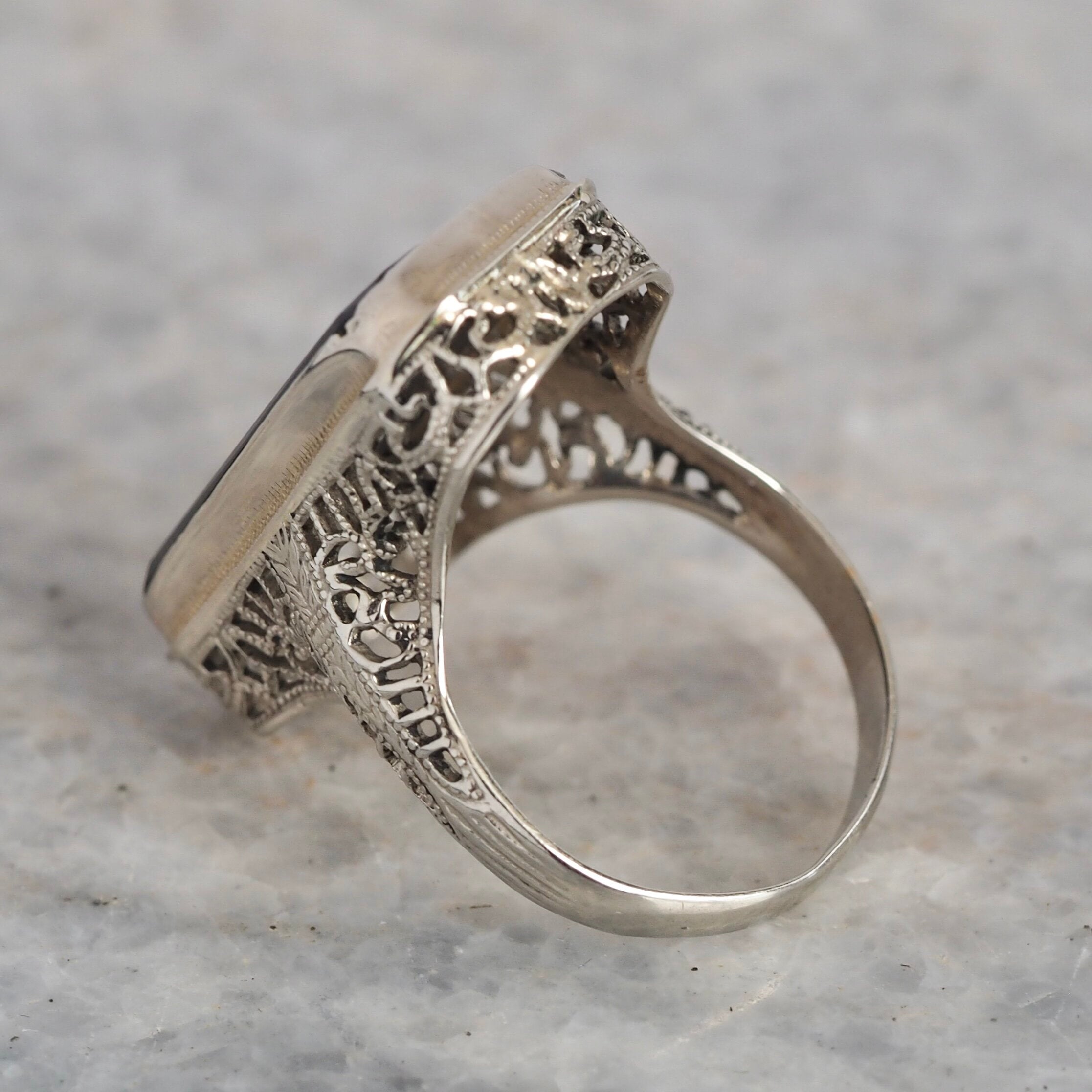 Antique Art Deco 14k White Gold Onyx and Diamond Ring