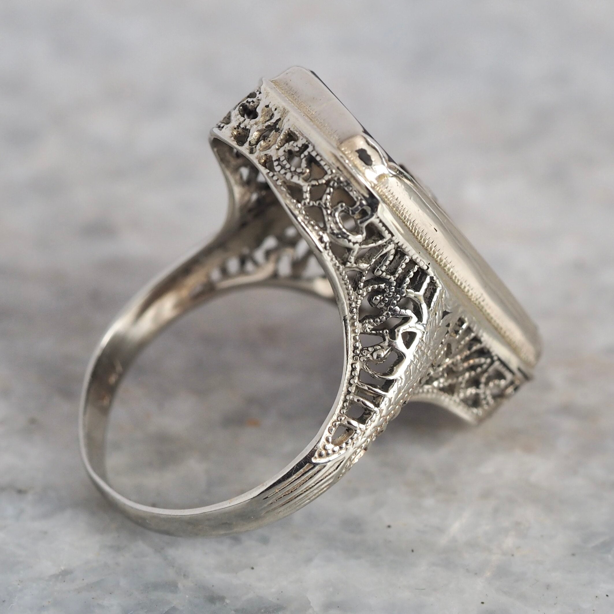 Antique Art Deco 14k White Gold Onyx and Diamond Ring