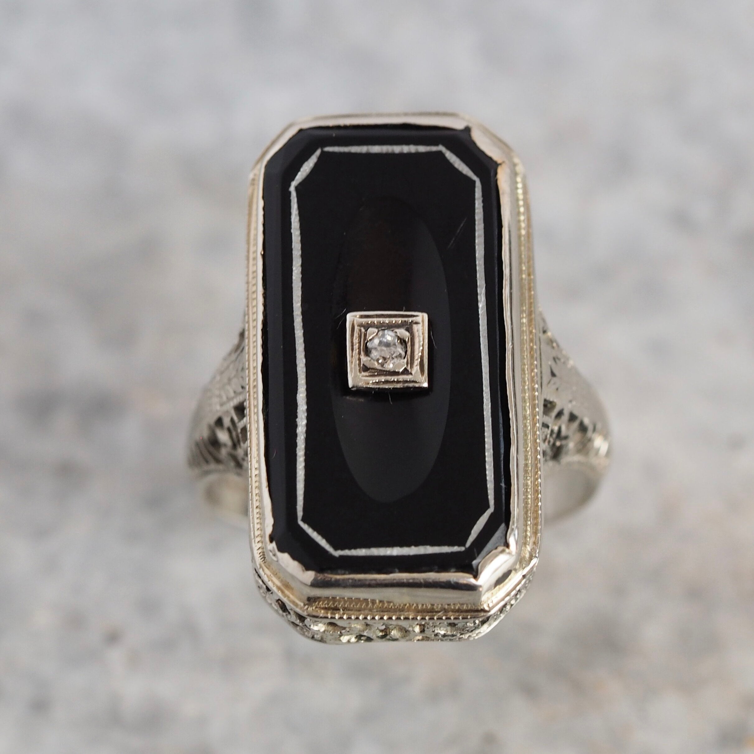 Antique Art Deco 14k White Gold Onyx and Diamond Ring