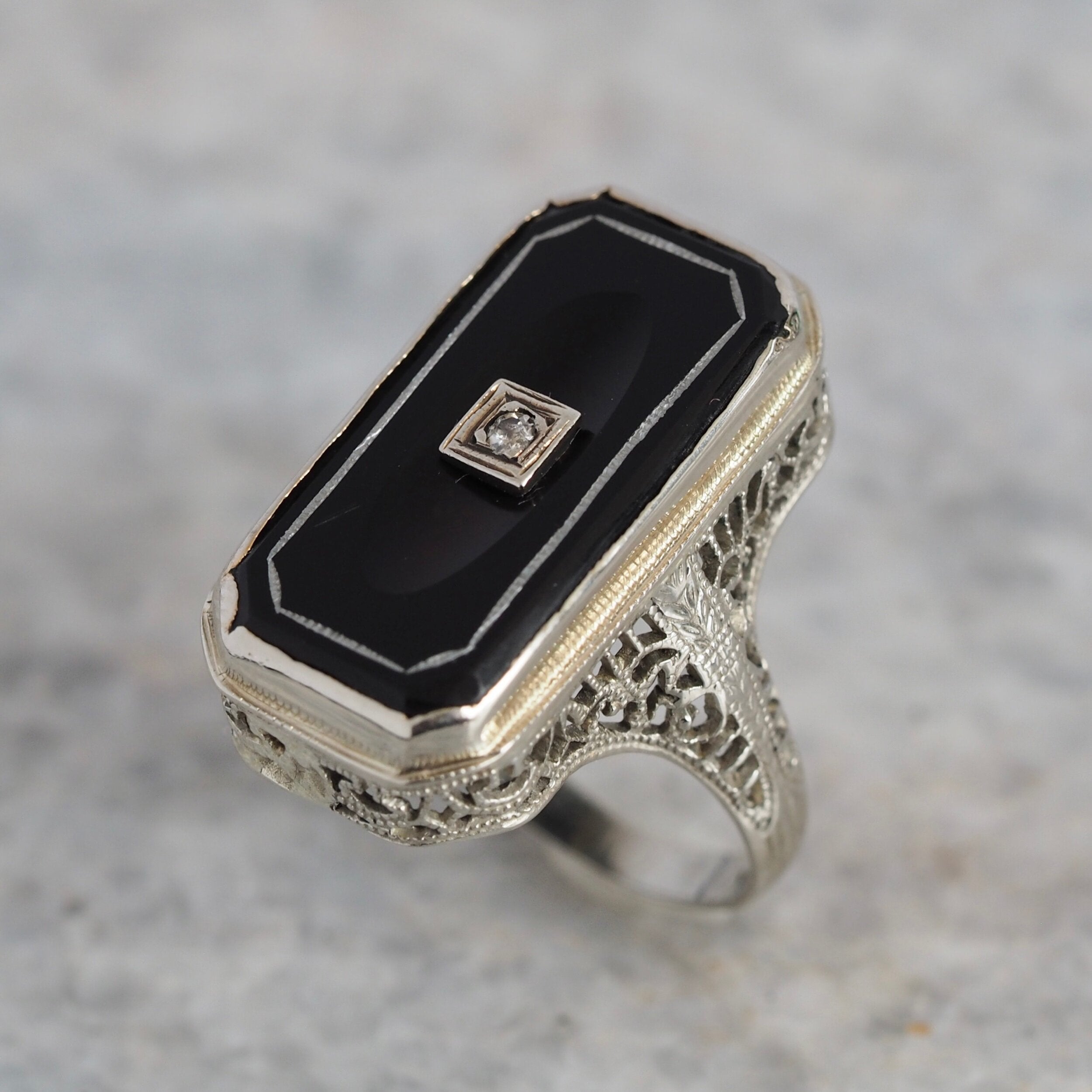 Antique Art Deco 14k White Gold Onyx and Diamond Ring