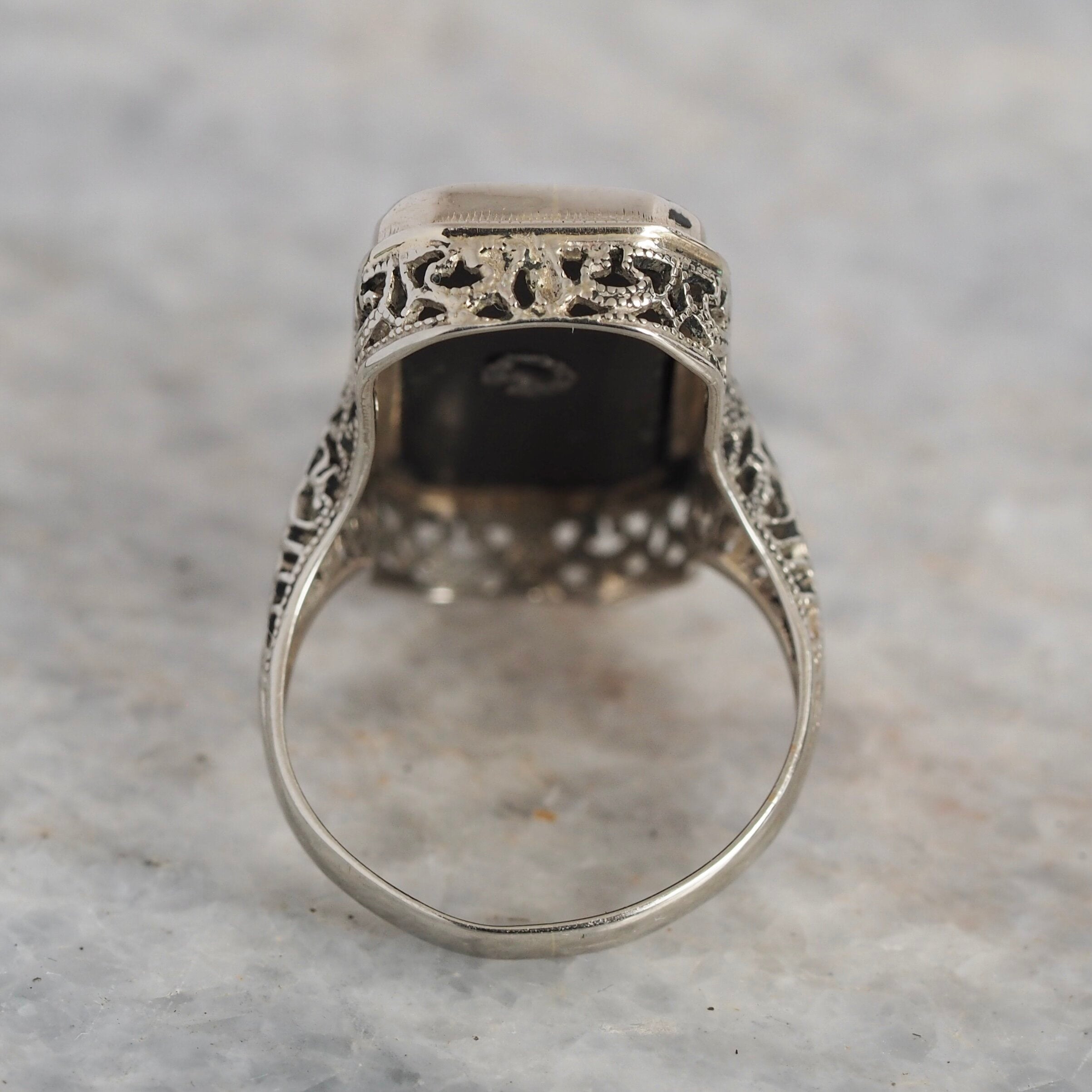Antique Art Deco 14k White Gold Onyx and Diamond Ring