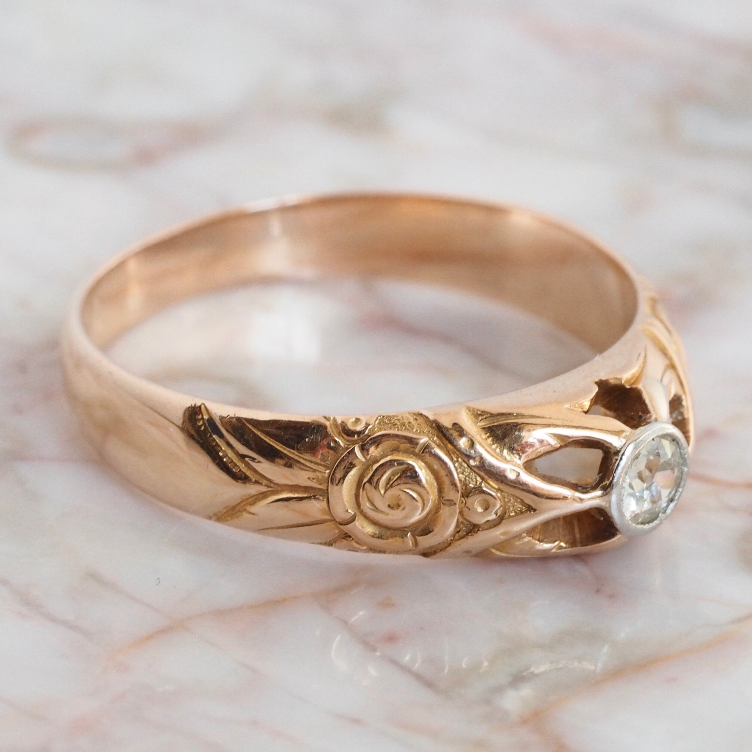 Antique Art Nouveau 18k Yellow Gold Platinum Bezel Set Diamond Ring