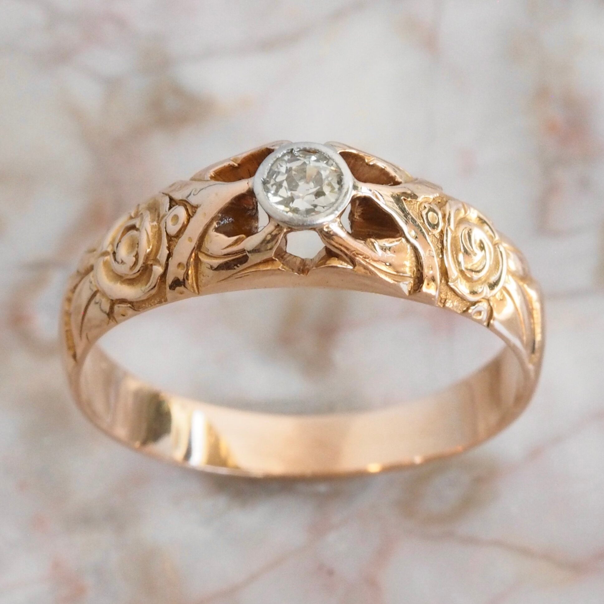 Antique Art Nouveau 18k Yellow Gold Platinum Bezel Set Diamond Ring