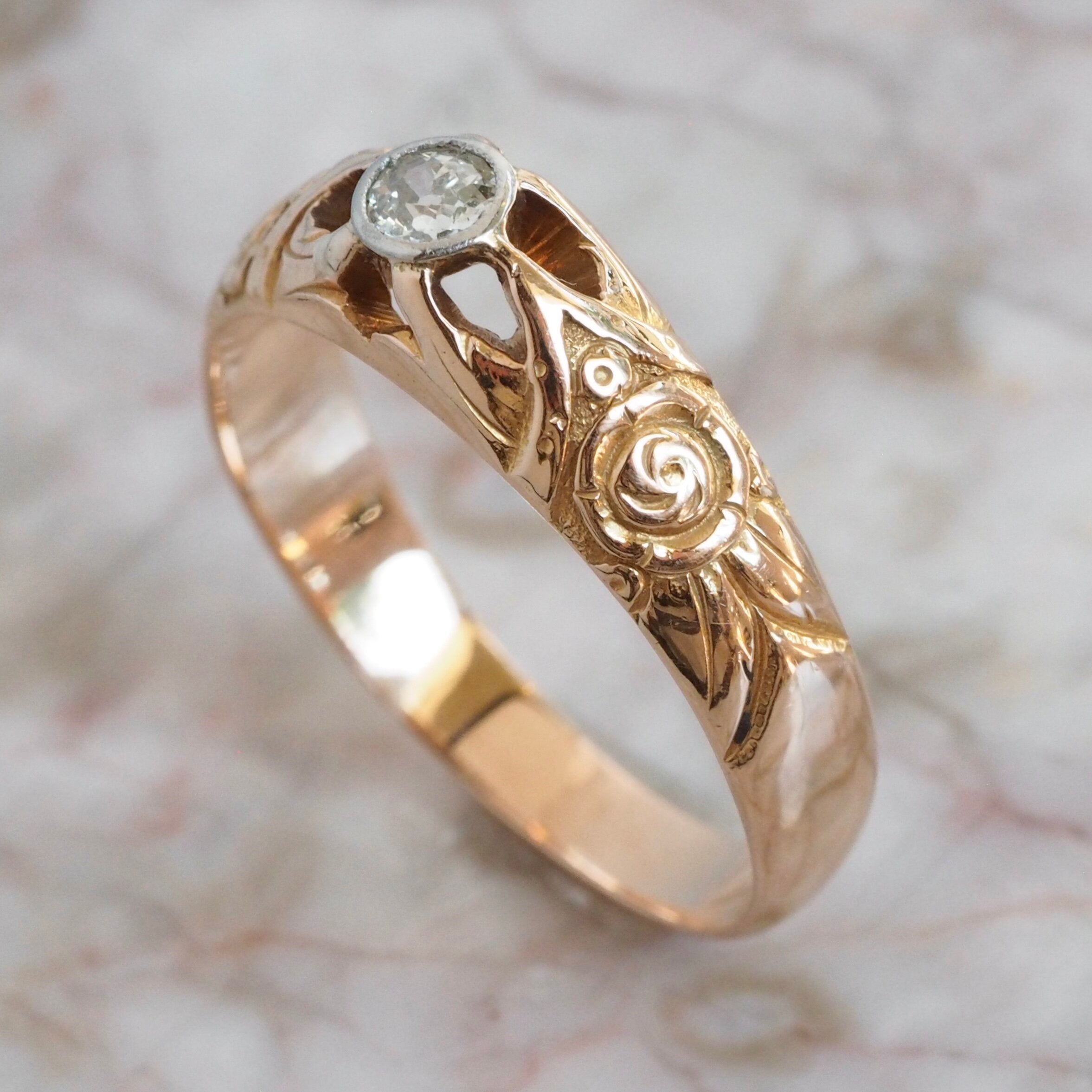 Antique Art Nouveau 18k Yellow Gold Platinum Bezel Set Diamond Ring
