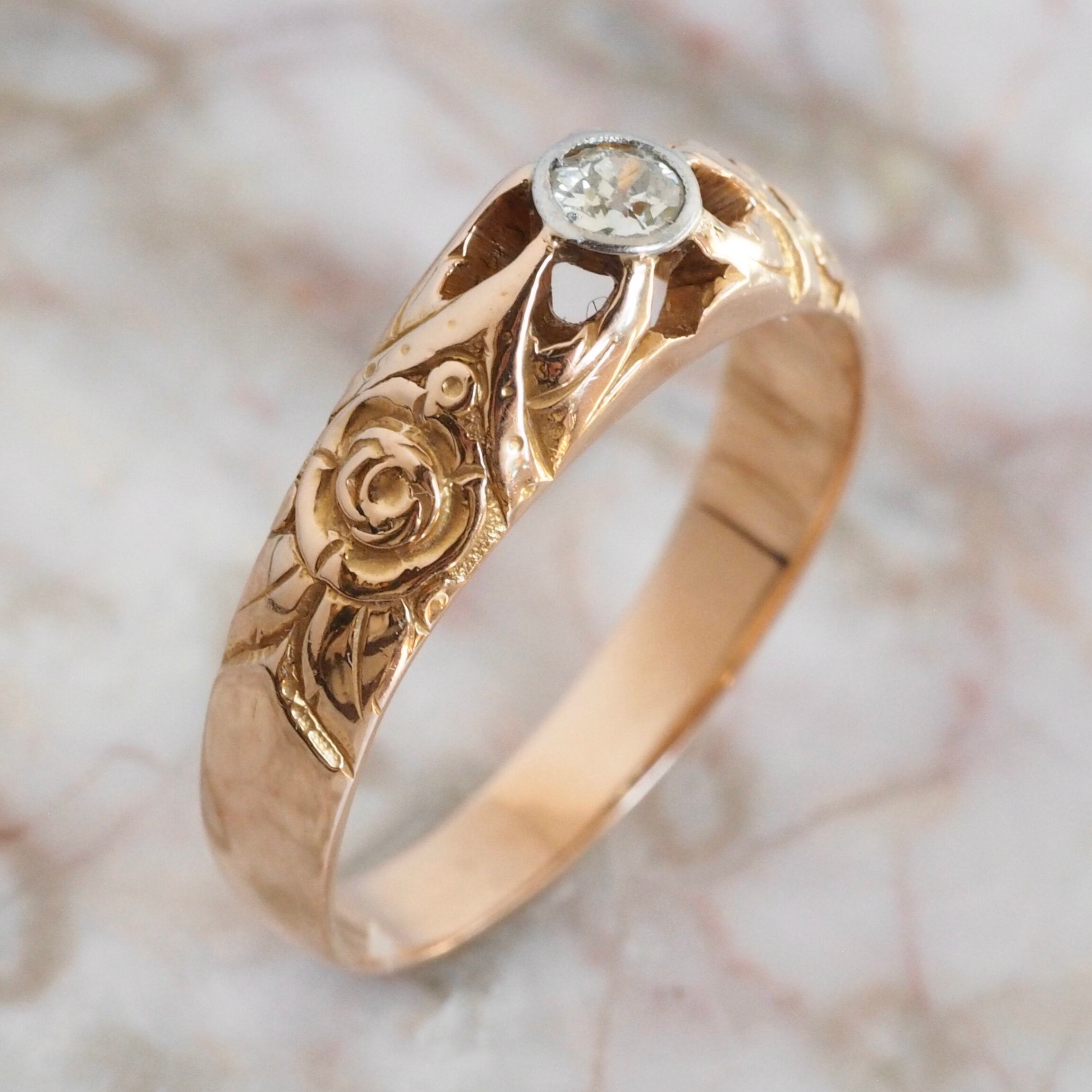 Antique Art Nouveau 18k Yellow Gold Platinum Bezel Set Diamond Ring