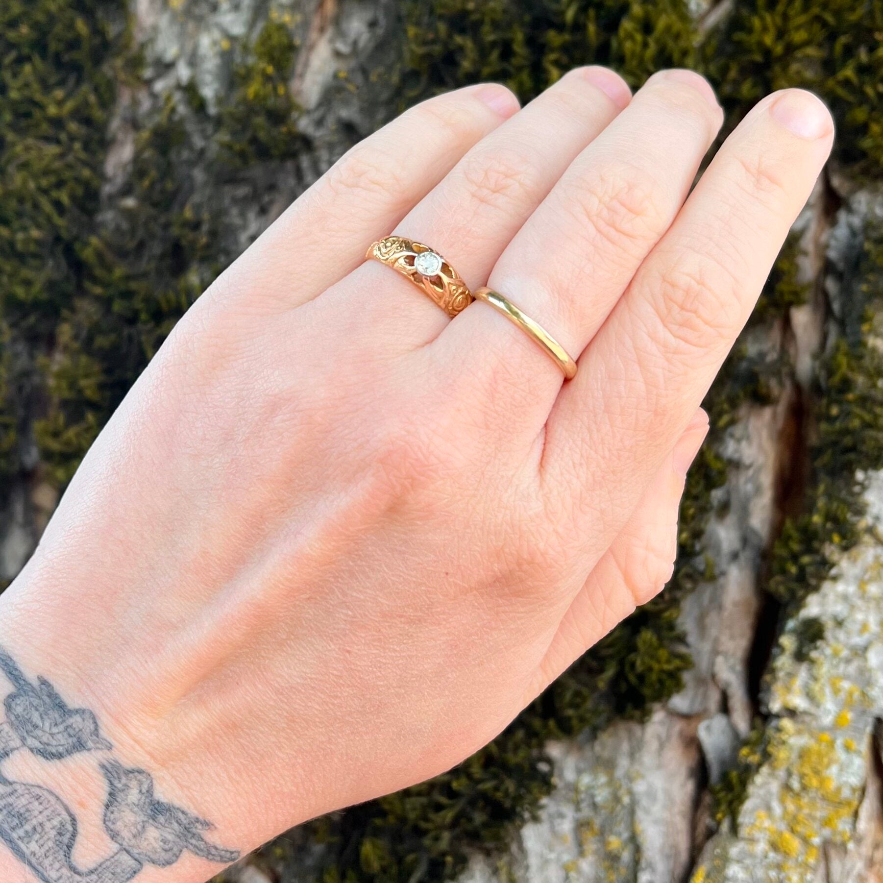 Antique Art Nouveau 18k Yellow Gold Platinum Bezel Set Diamond Ring