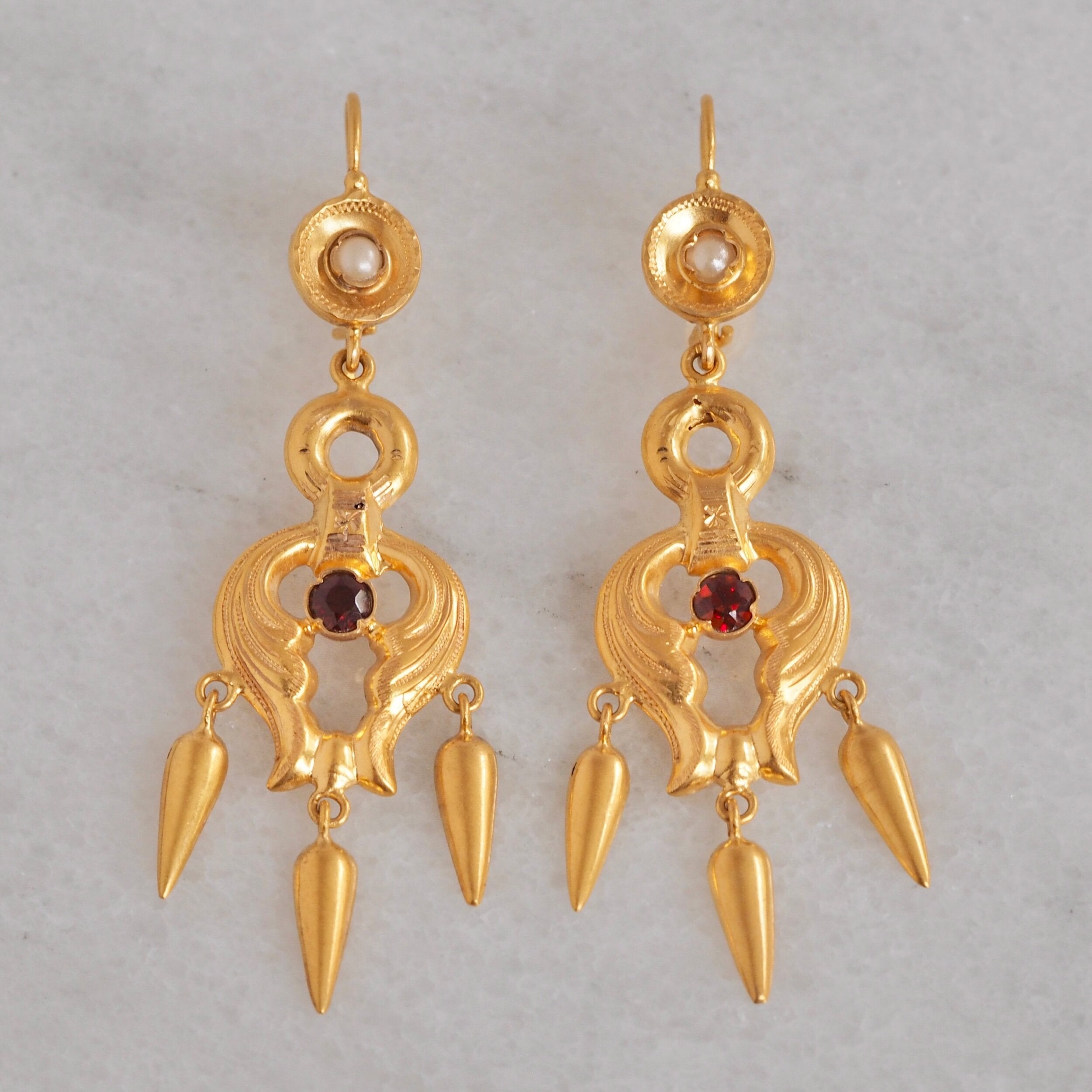 Antique Art Nouveau Portuguese 19k Gold Garnet and Pearl Earrings