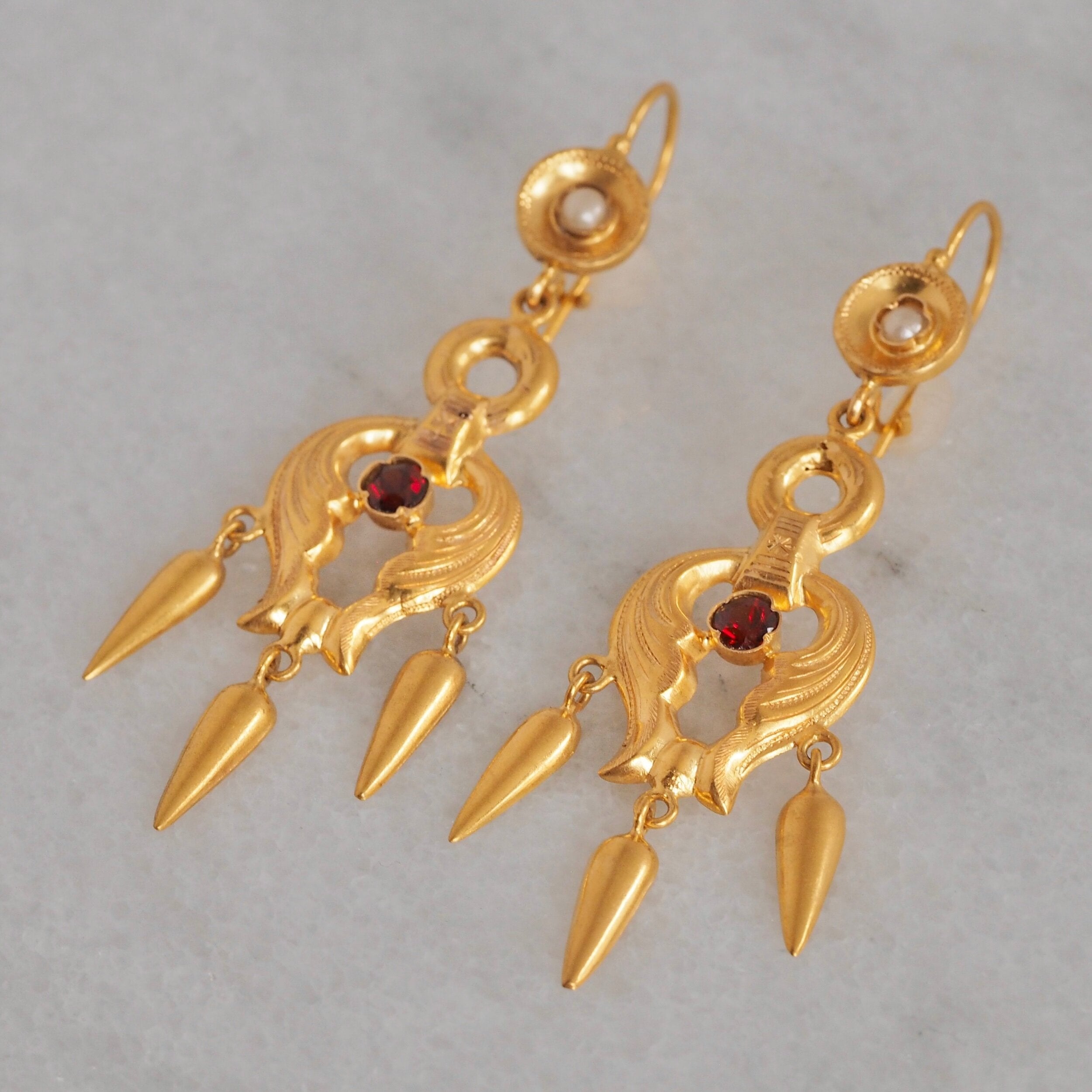 Antique Art Nouveau Portuguese 19k Gold Garnet and Pearl Earrings