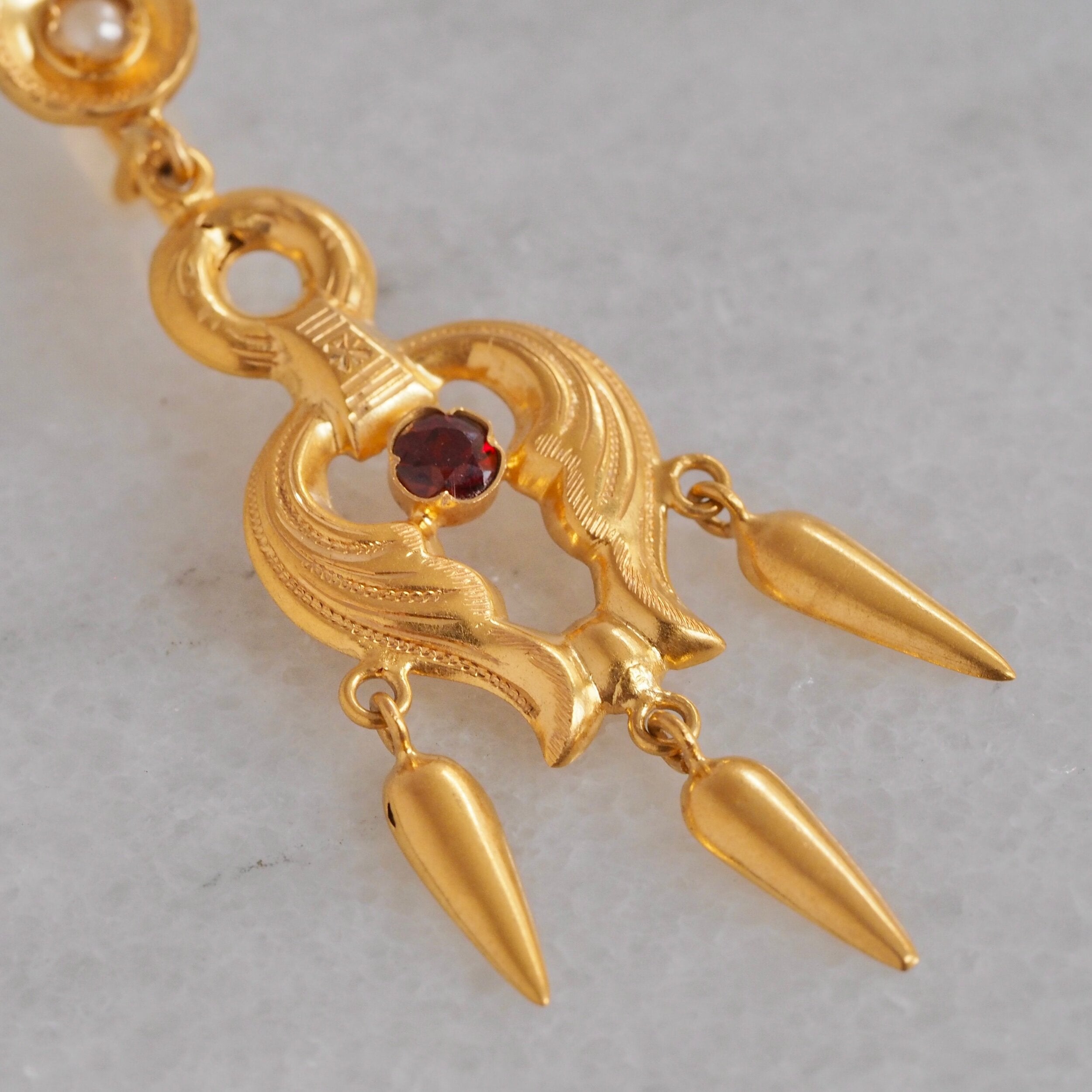 Antique Art Nouveau Portuguese 19k Gold Garnet and Pearl Earrings