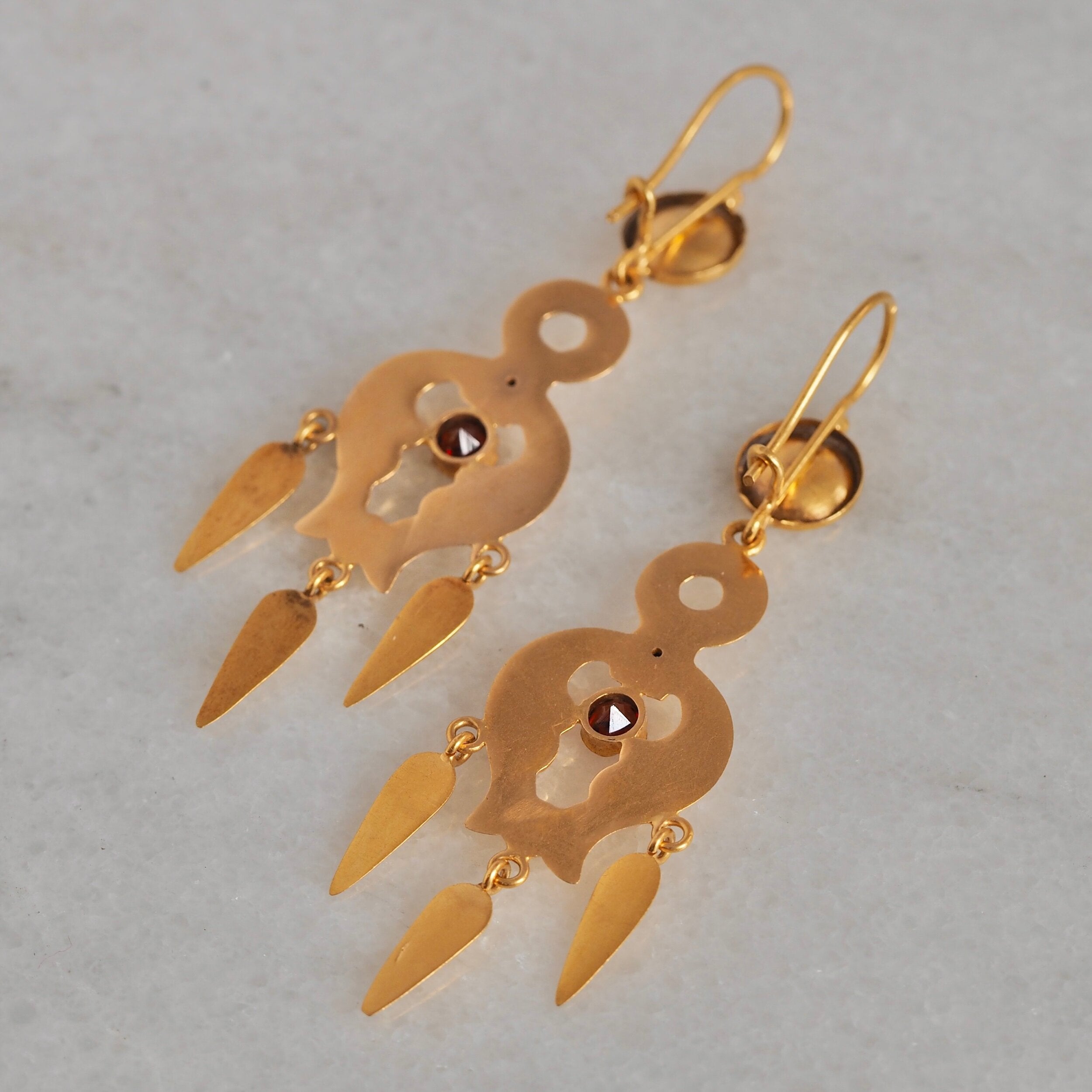 Antique Art Nouveau Portuguese 19k Gold Garnet and Pearl Earrings