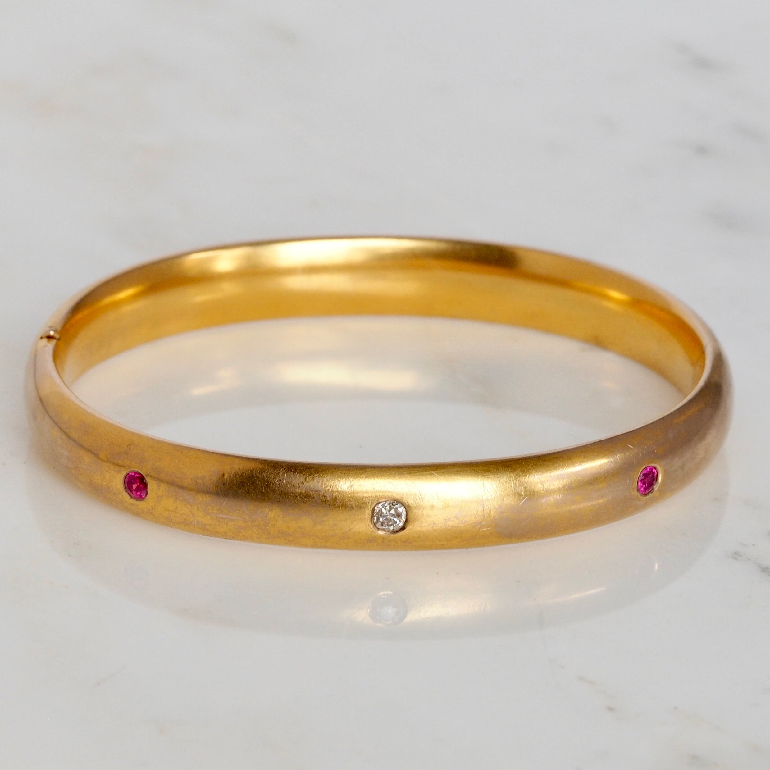 Antique Art Nouveau c. 1900 14k Gold Ruby and Diamond Bangle