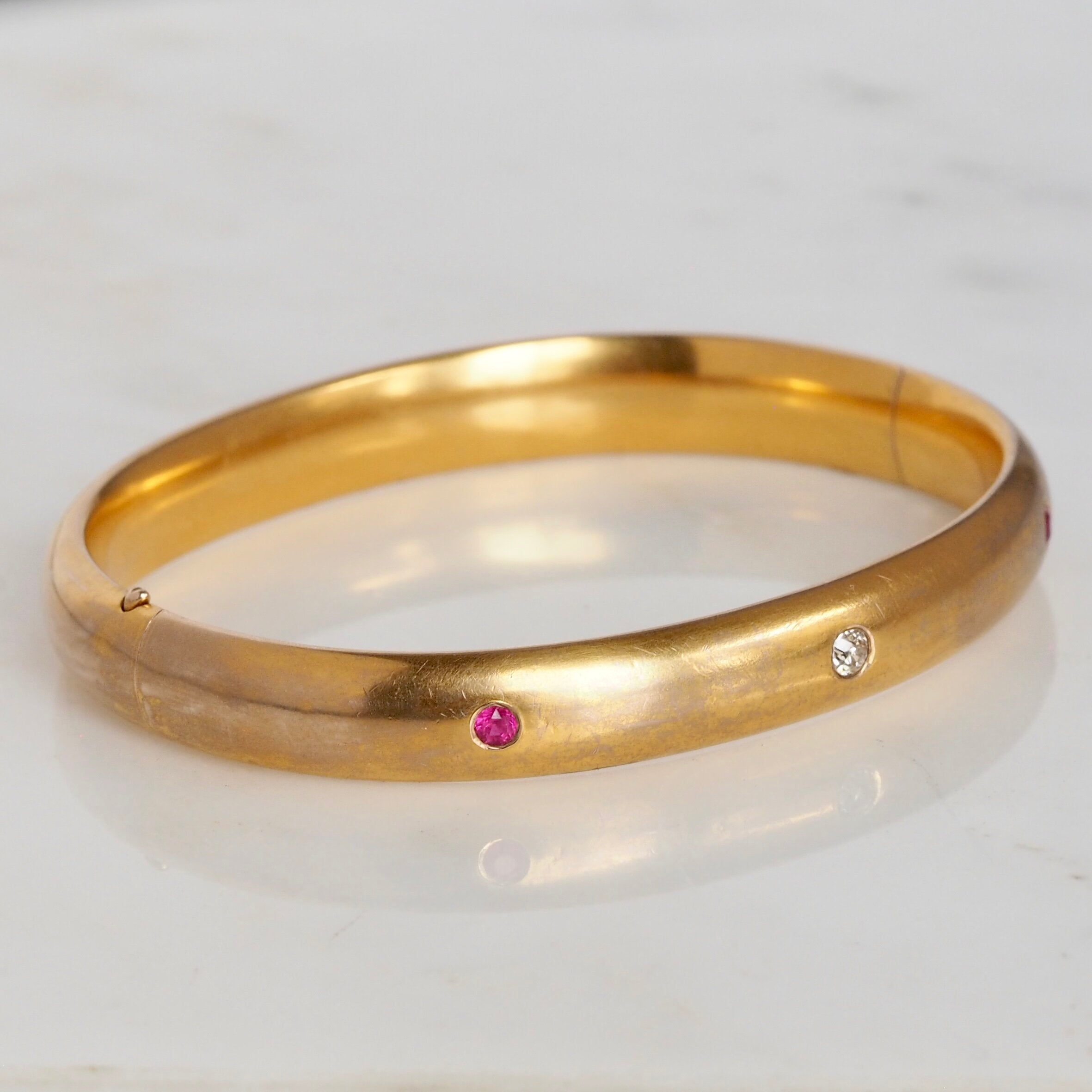 Antique Art Nouveau c. 1900 14k Gold Ruby and Diamond Bangle