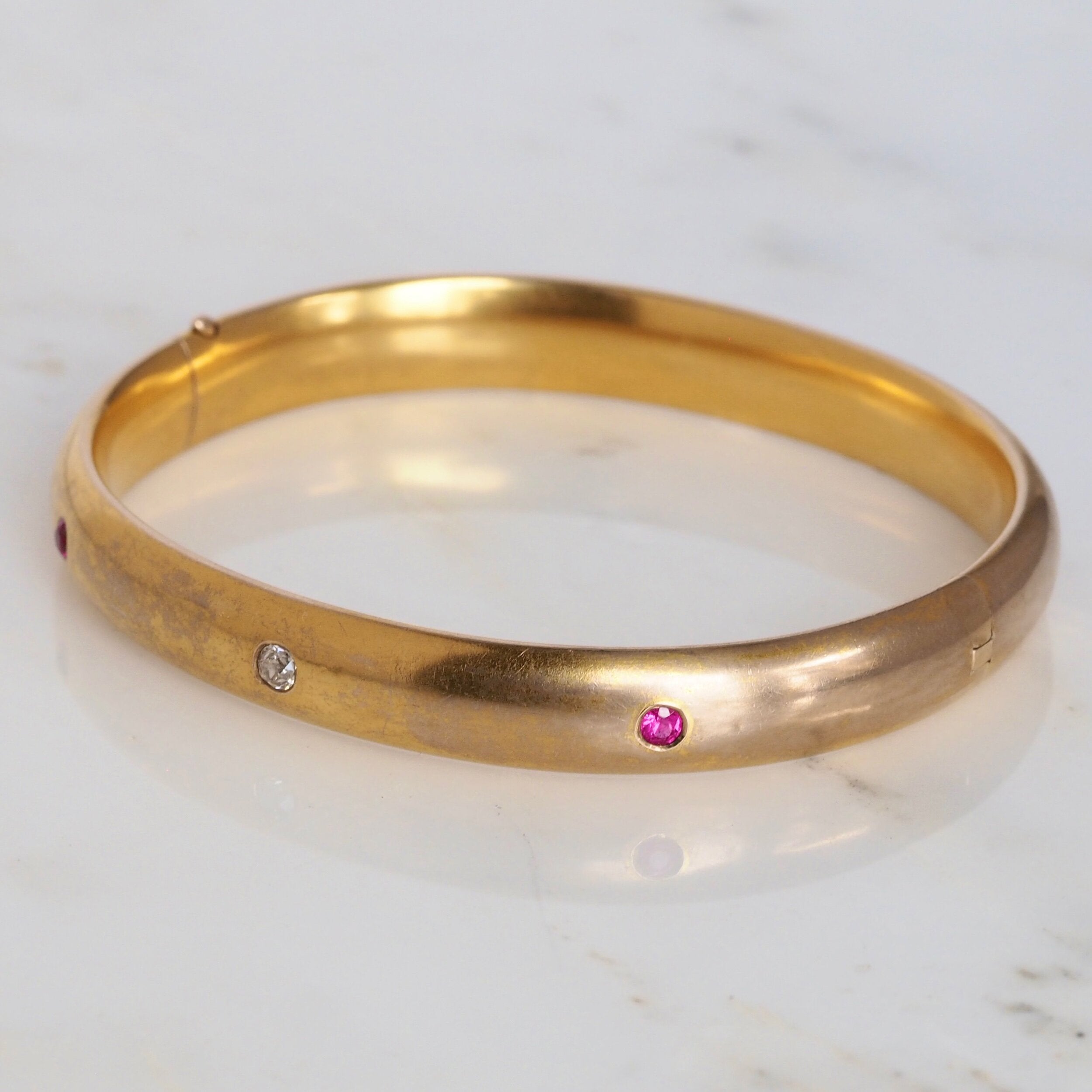 Antique Art Nouveau c. 1900 14k Gold Ruby and Diamond Bangle