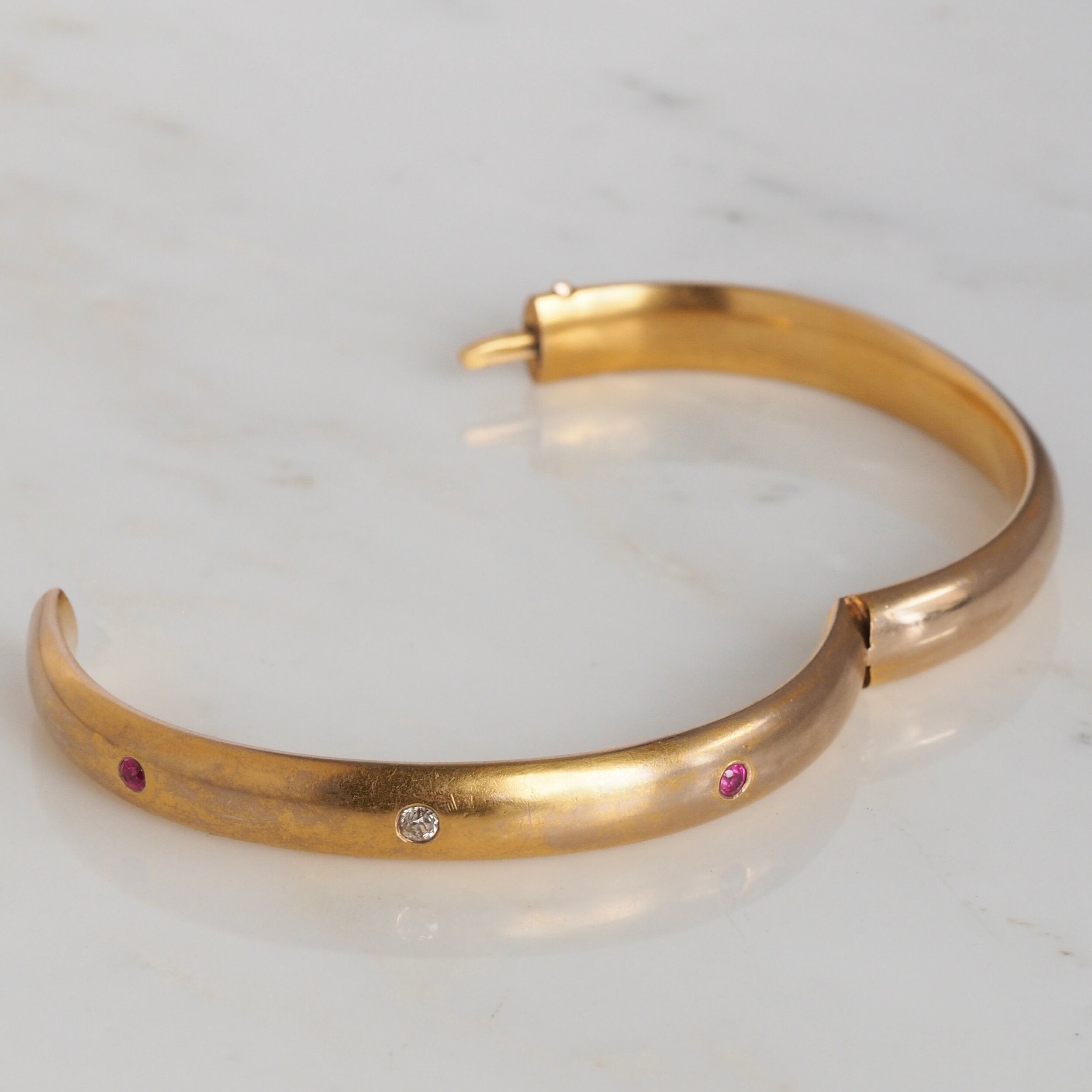 Antique Art Nouveau c. 1900 14k Gold Ruby and Diamond Bangle