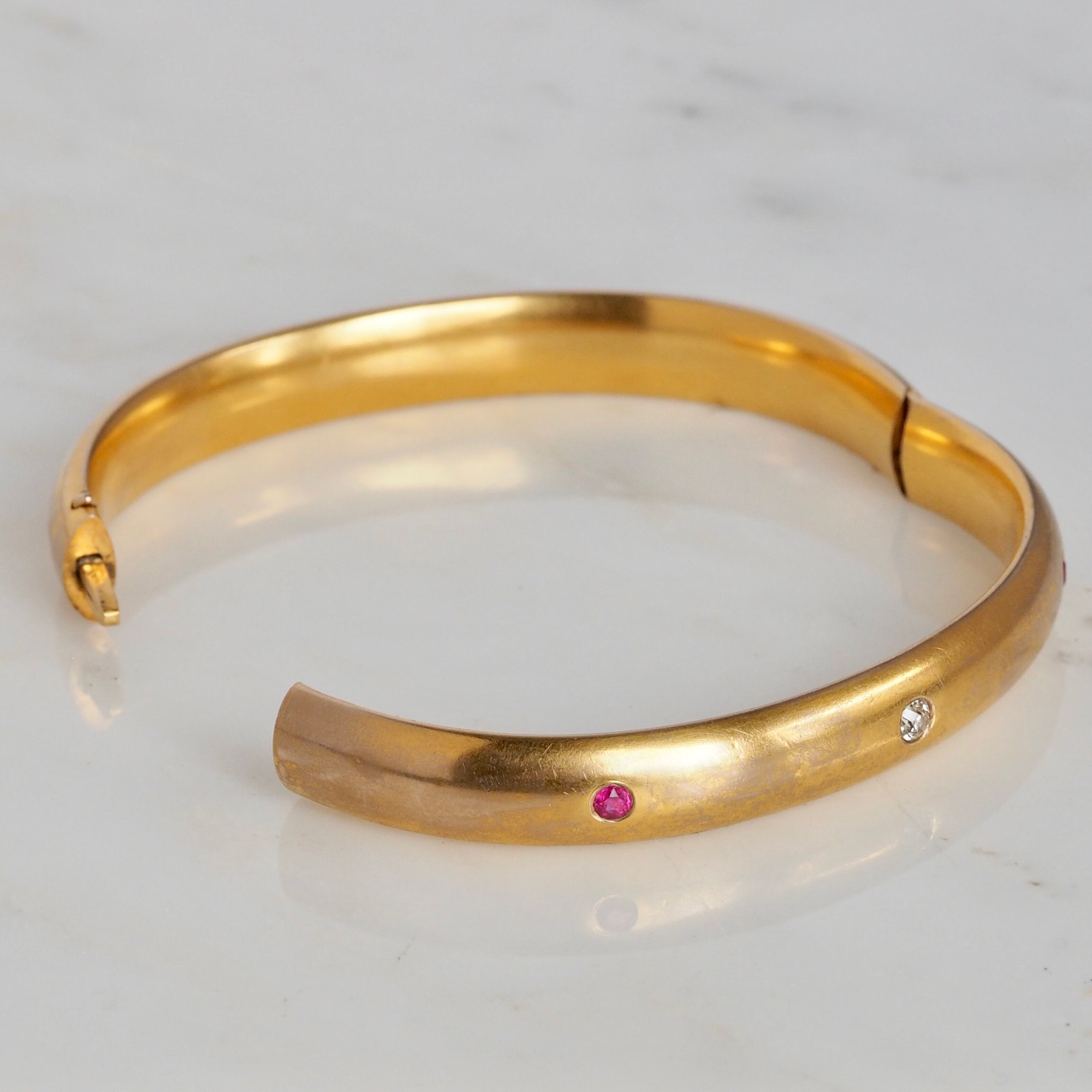 Antique Art Nouveau c. 1900 14k Gold Ruby and Diamond Bangle