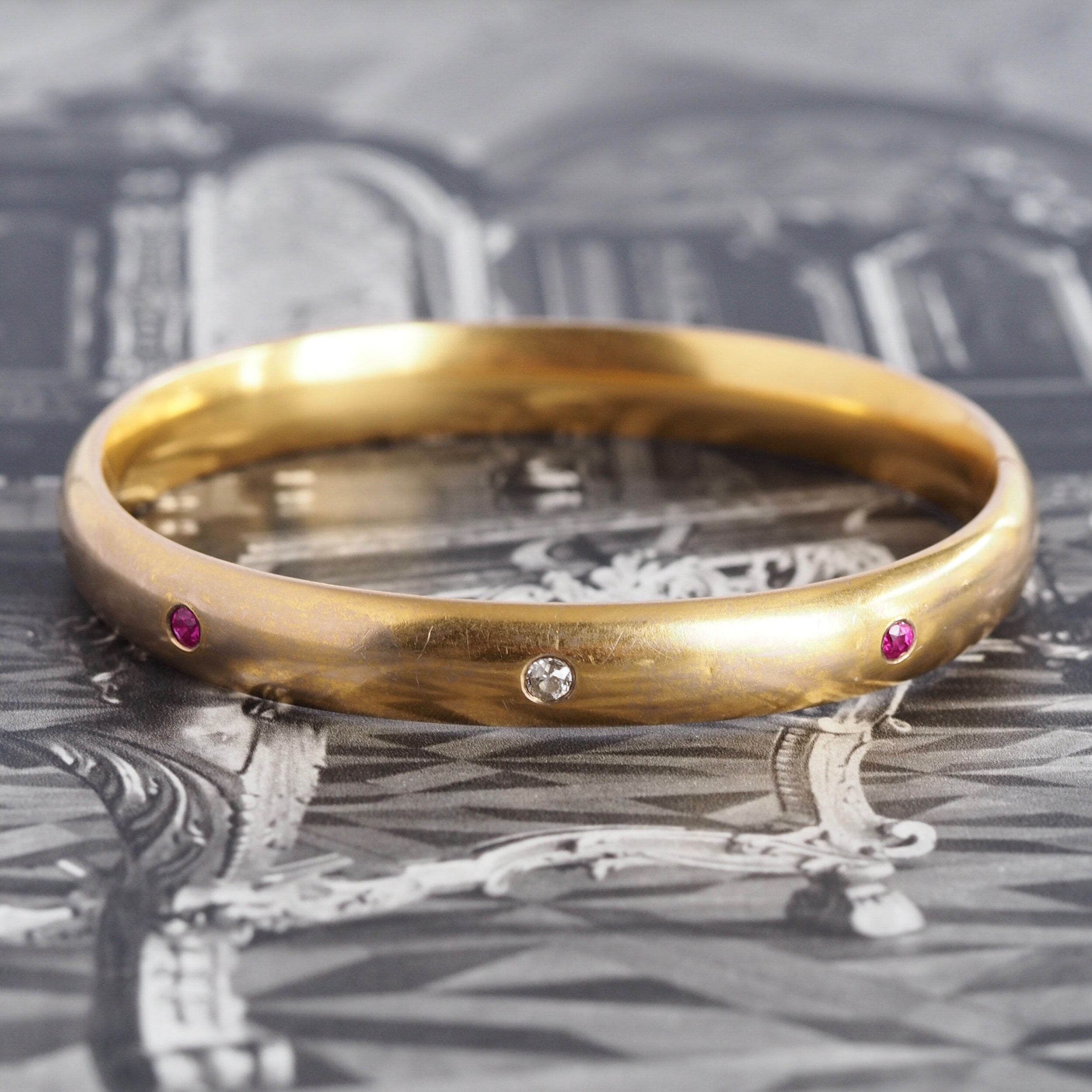 Antique Art Nouveau c. 1900 14k Gold Ruby and Diamond Bangle