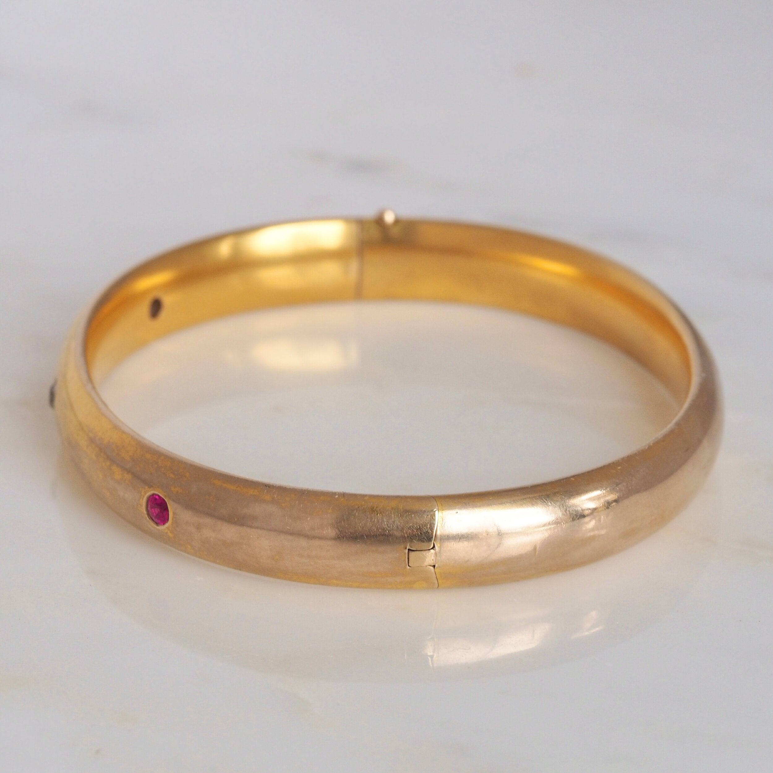 Antique Art Nouveau c. 1900 14k Gold Ruby and Diamond Bangle