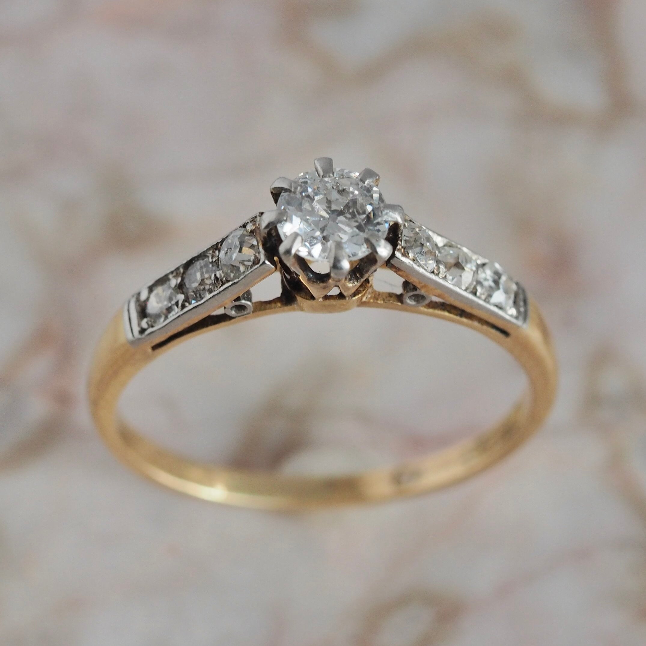 Antique Early Edwardian 18k Gold and Platinum Old European Cut Diamond Ring