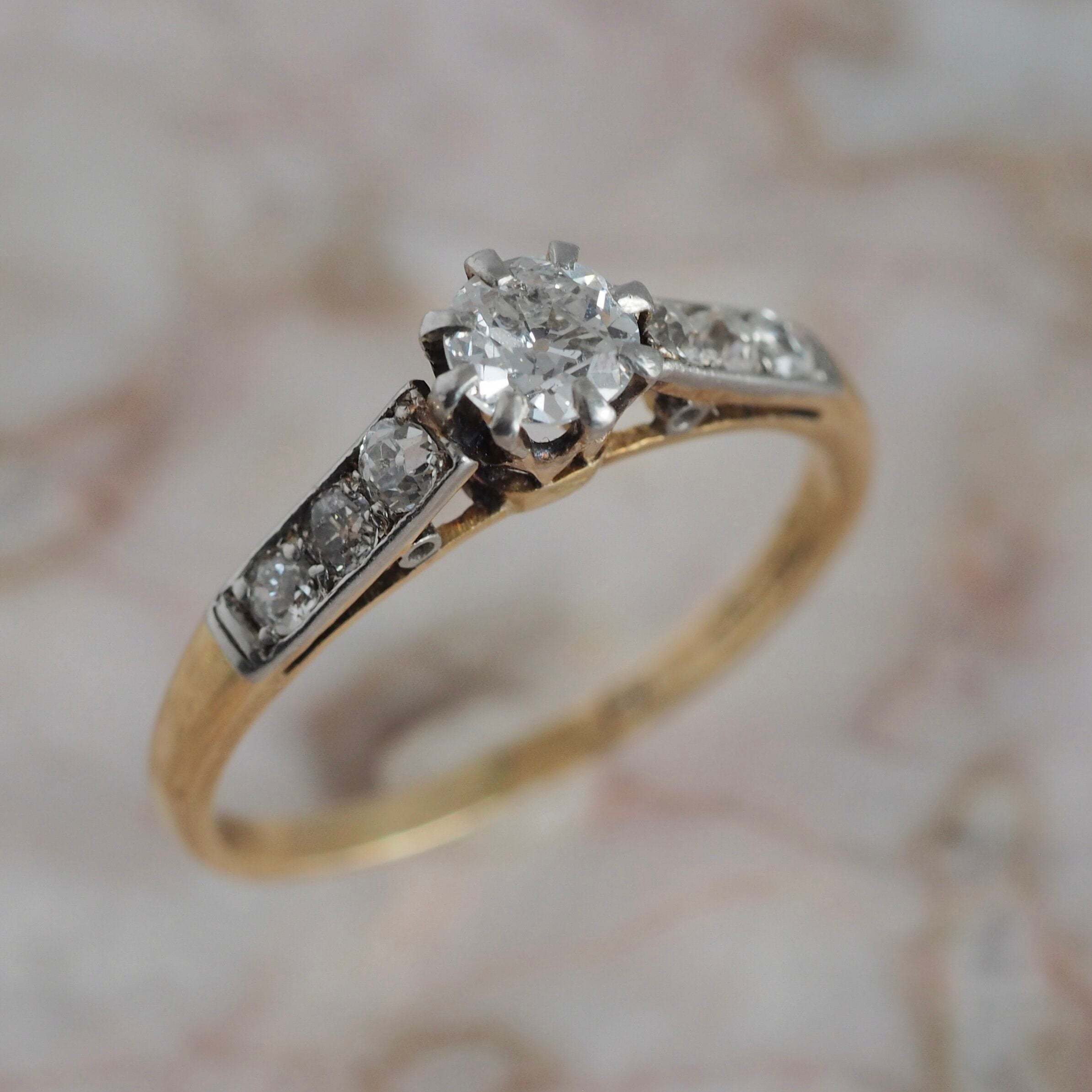 Antique Early Edwardian 18k Gold and Platinum Old European Cut Diamond Ring
