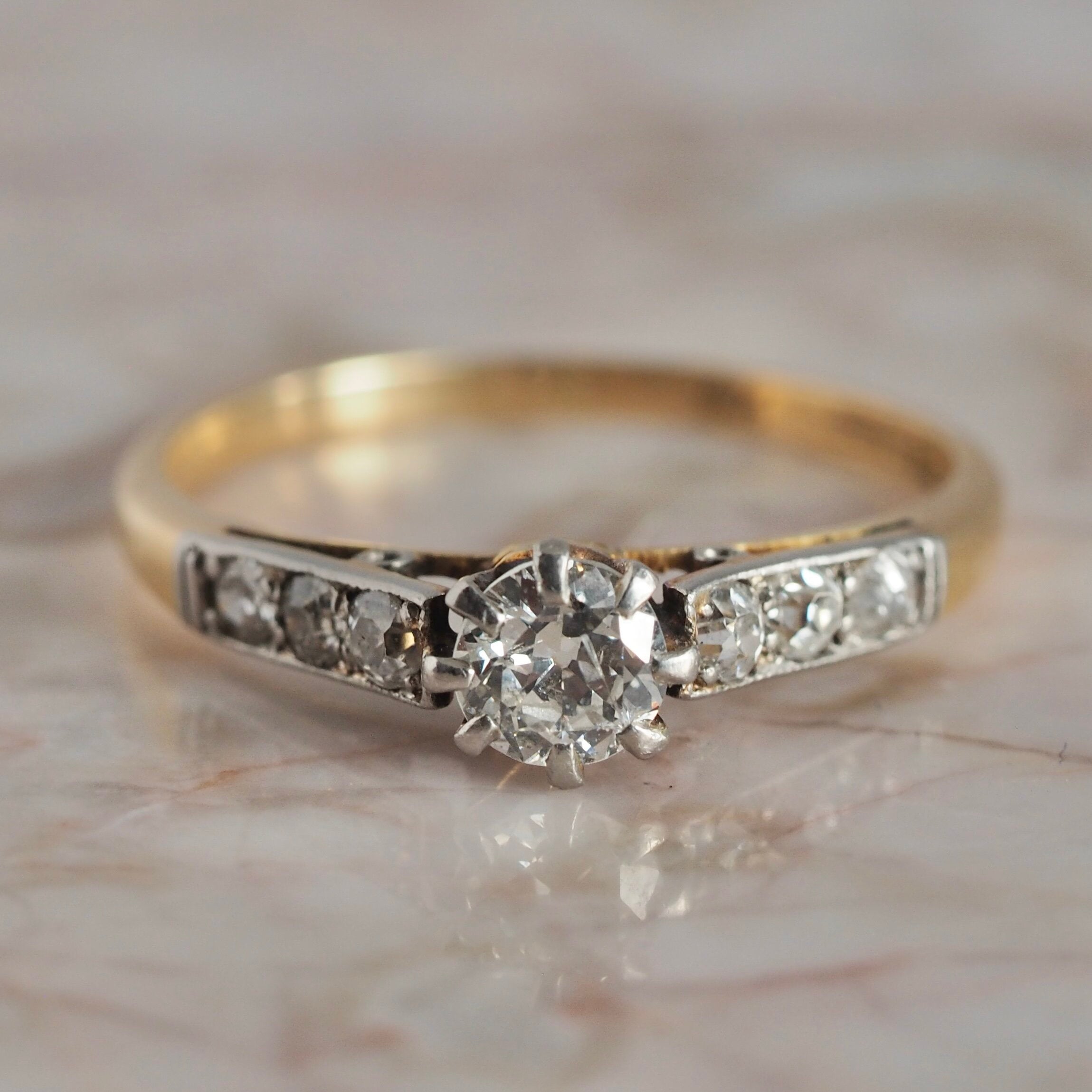 Antique Early Edwardian 18k Gold and Platinum Old European Cut Diamond Ring