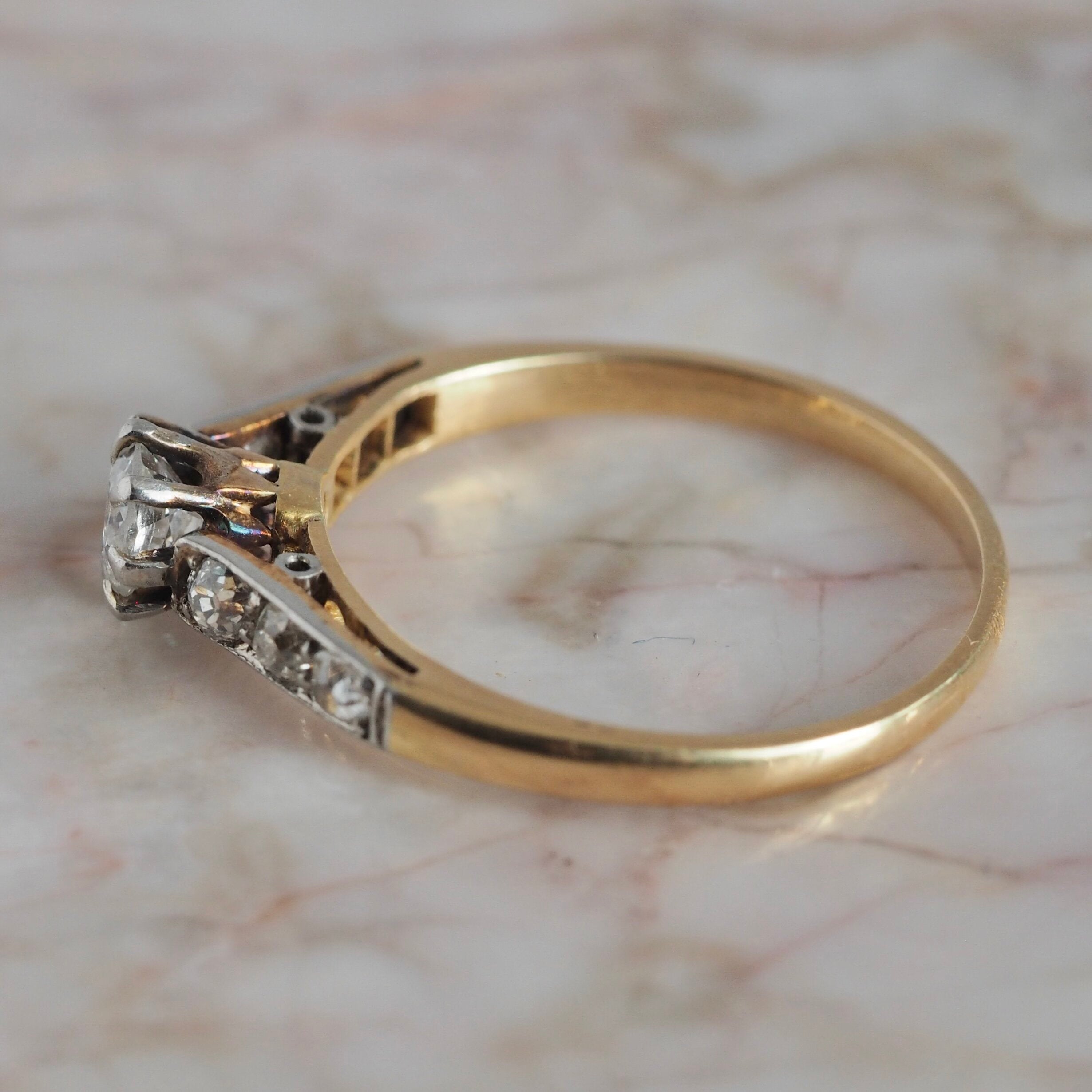 Antique Early Edwardian 18k Gold and Platinum Old European Cut Diamond Ring