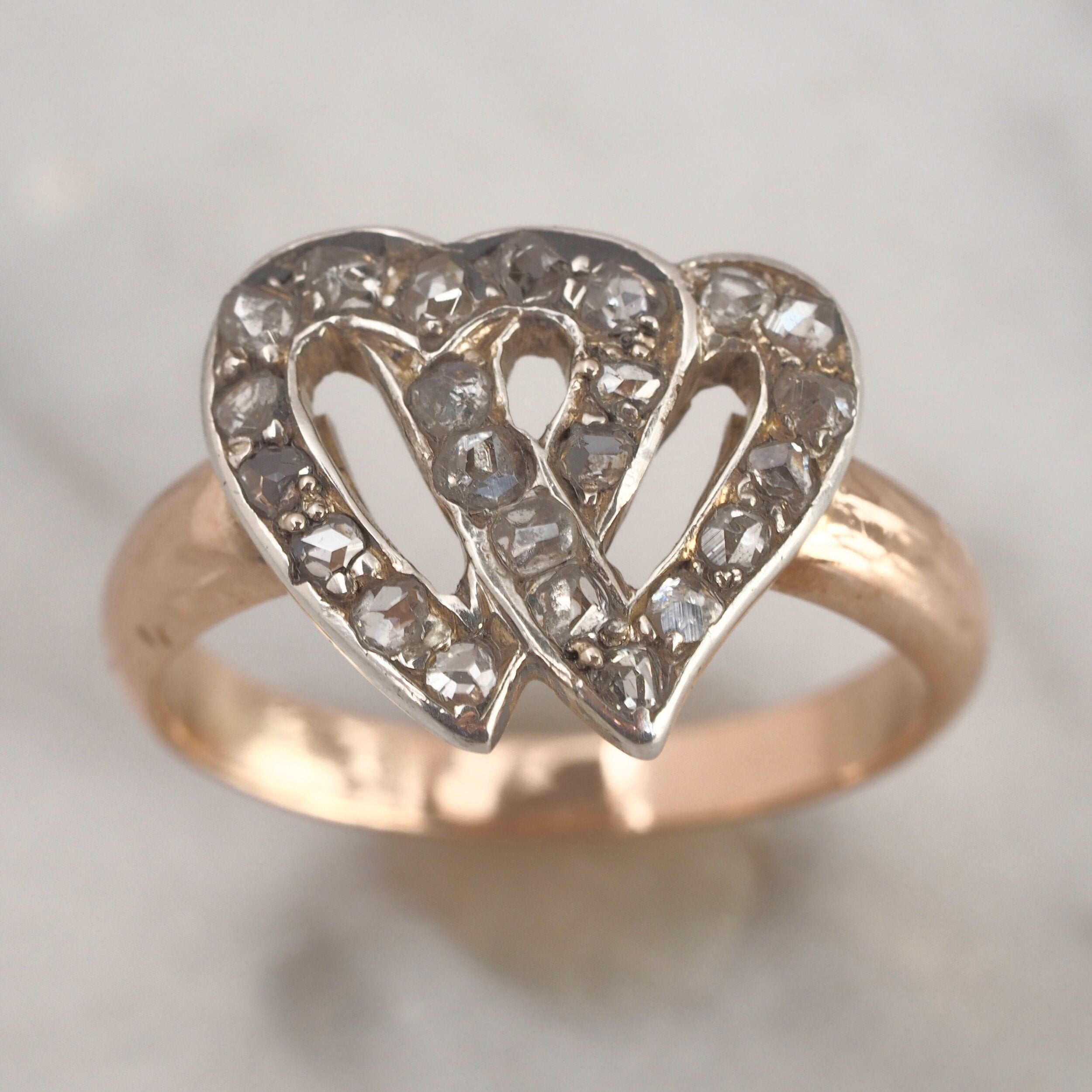 Antique Early Victorian 14k Gold Rose Cut Diamond Hearts Ring