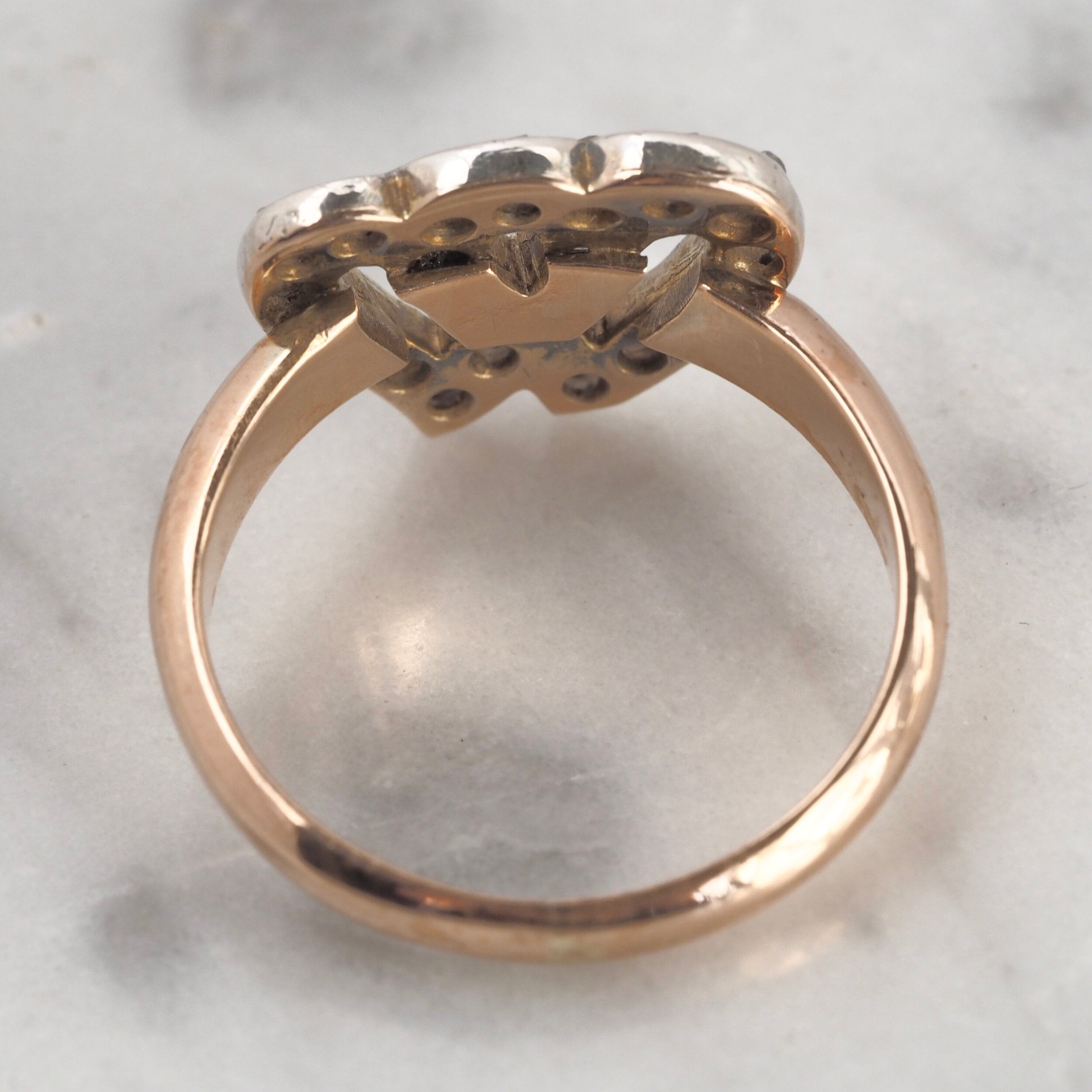 Antique Early Victorian 14k Gold Rose Cut Diamond Hearts Ring