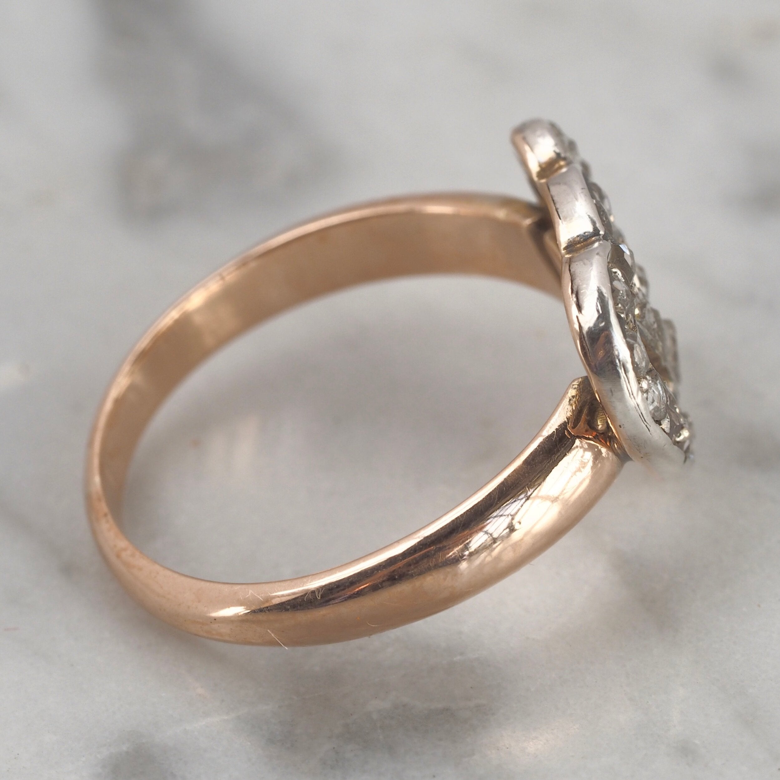 Antique Early Victorian 14k Gold Rose Cut Diamond Hearts Ring