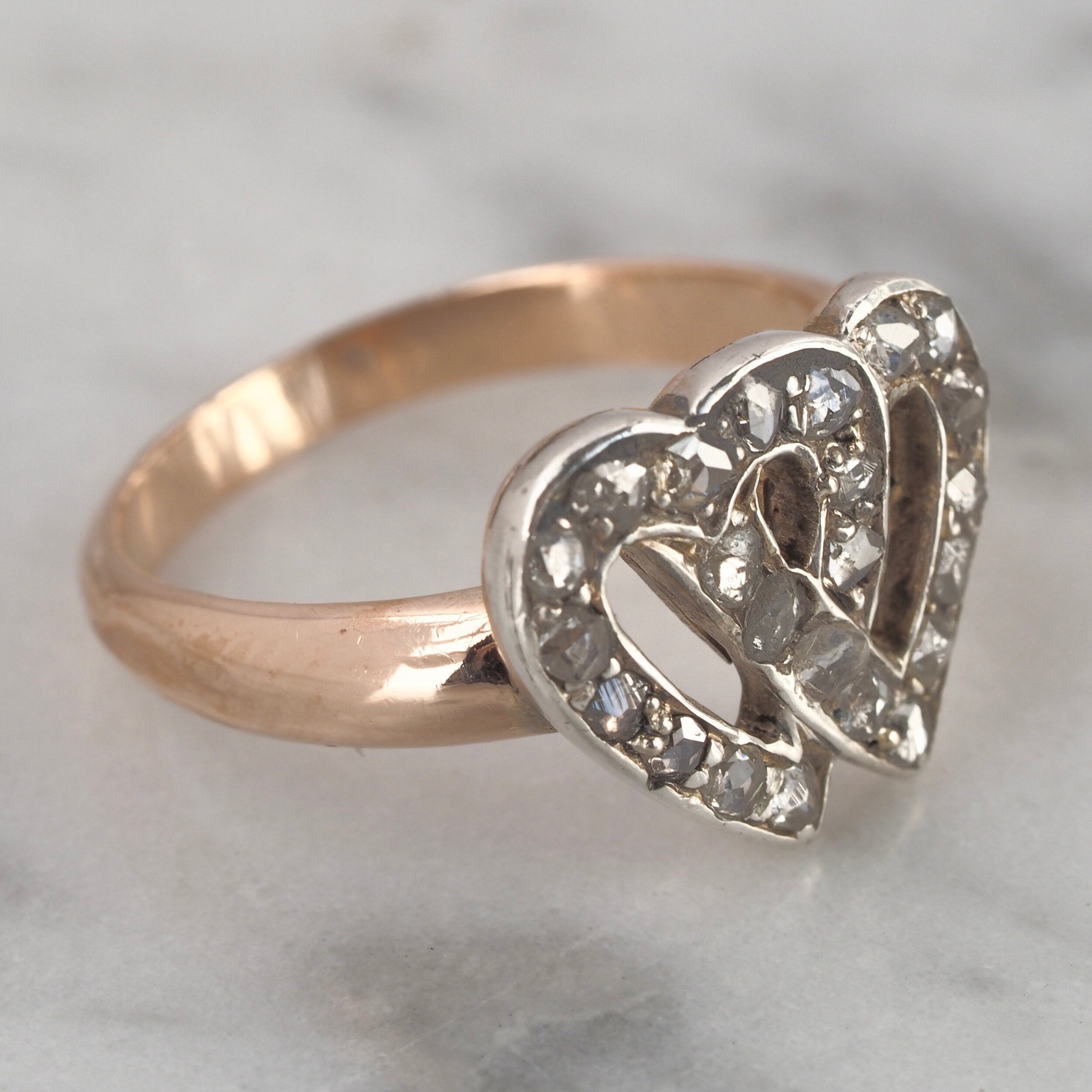 Antique Early Victorian 14k Gold Rose Cut Diamond Hearts Ring