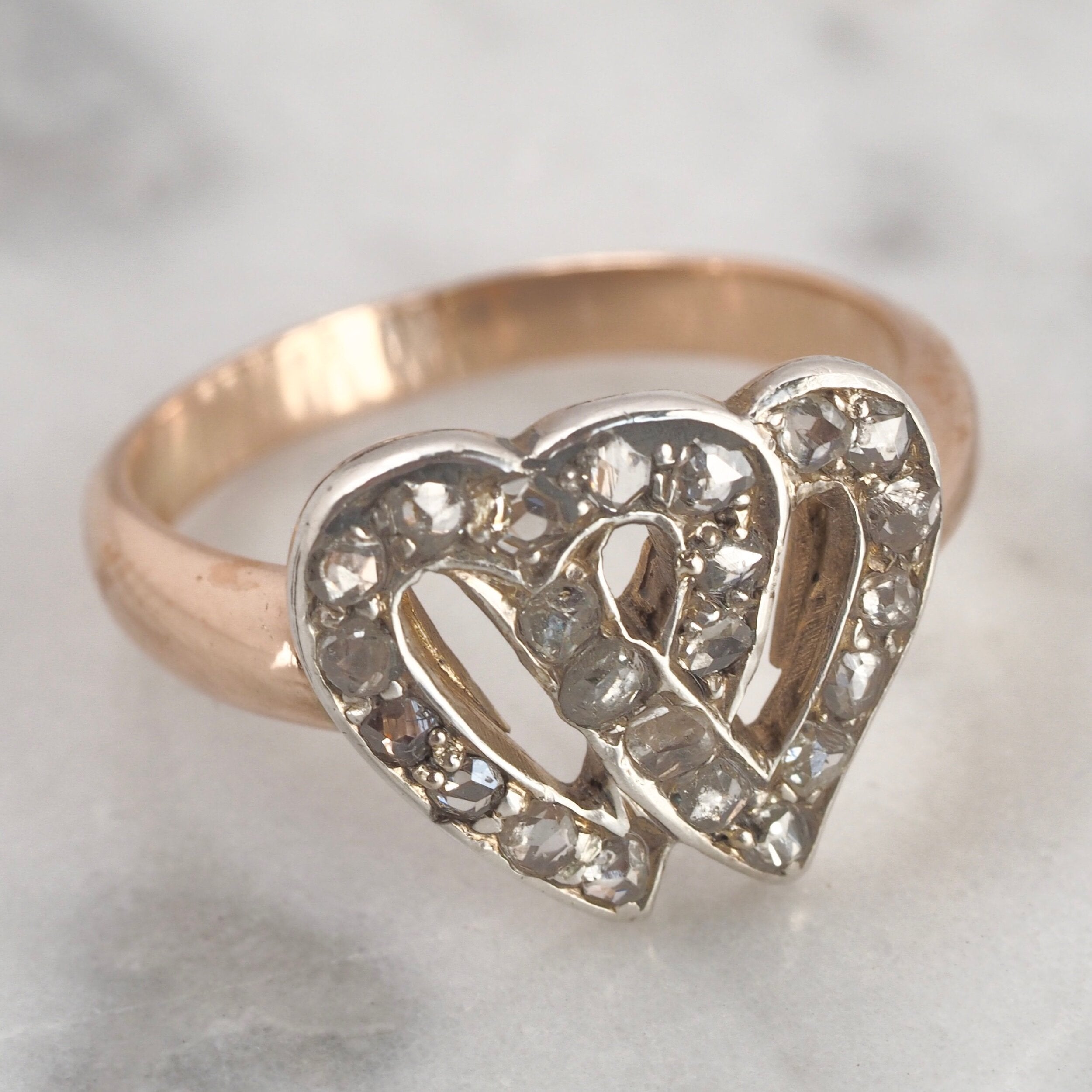 Antique Early Victorian 14k Gold Rose Cut Diamond Hearts Ring